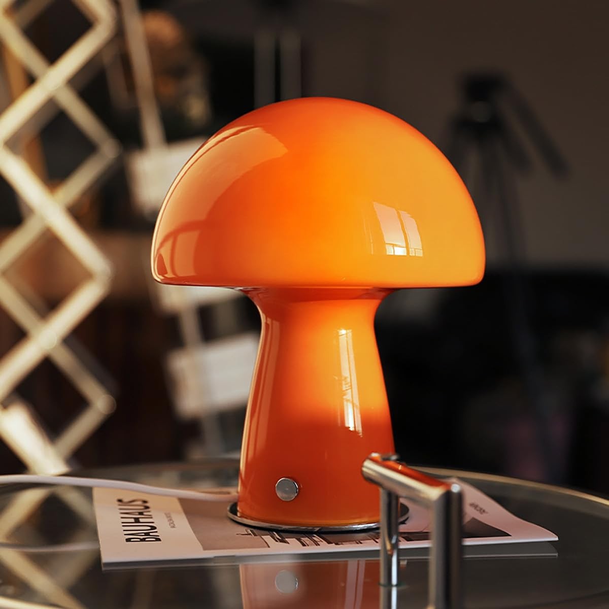 MIXL cute mushroom table lamp with glass lampshade, small orange lighting fixture emitting warm 3000K glow.