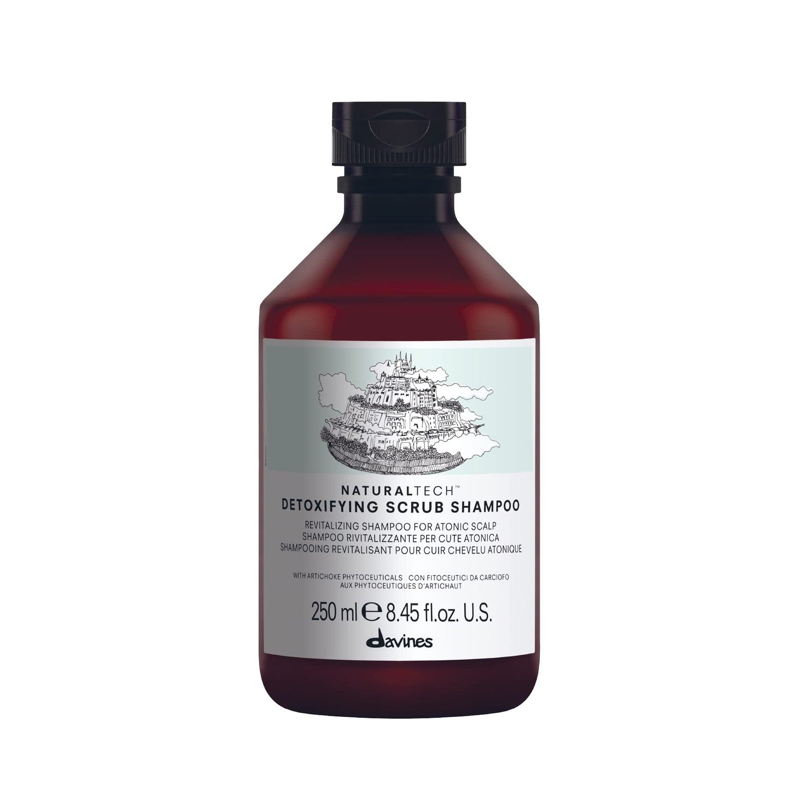 Davines Naturaltech Detoxifying Scrub Shampoo with natural ingredients, showing the bottle and textured scrub for deep hair cleansing.