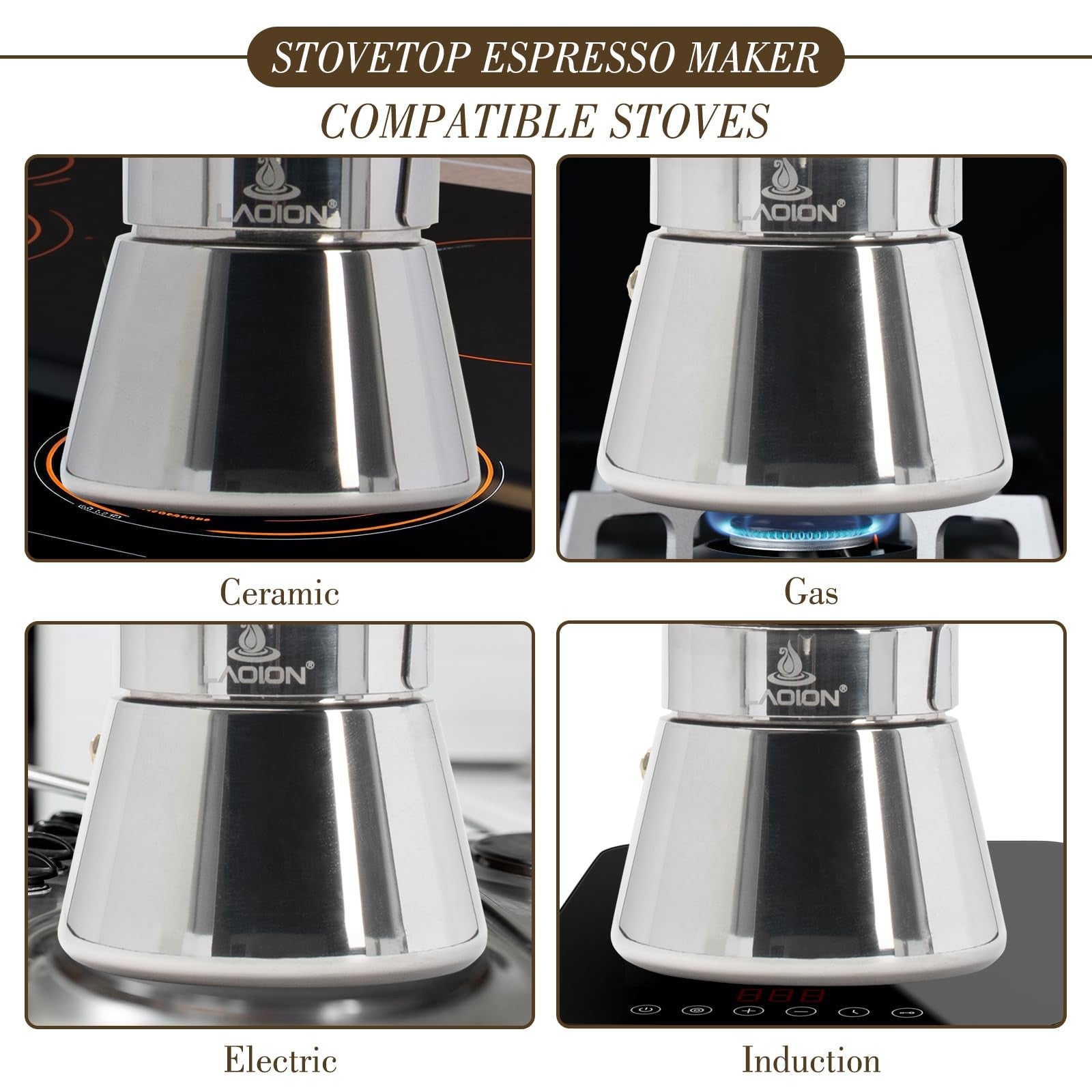 LAOION 3-cup stovetop espresso maker with stainless steel body and crystal glass-top, compact moka pot for brewing espresso.