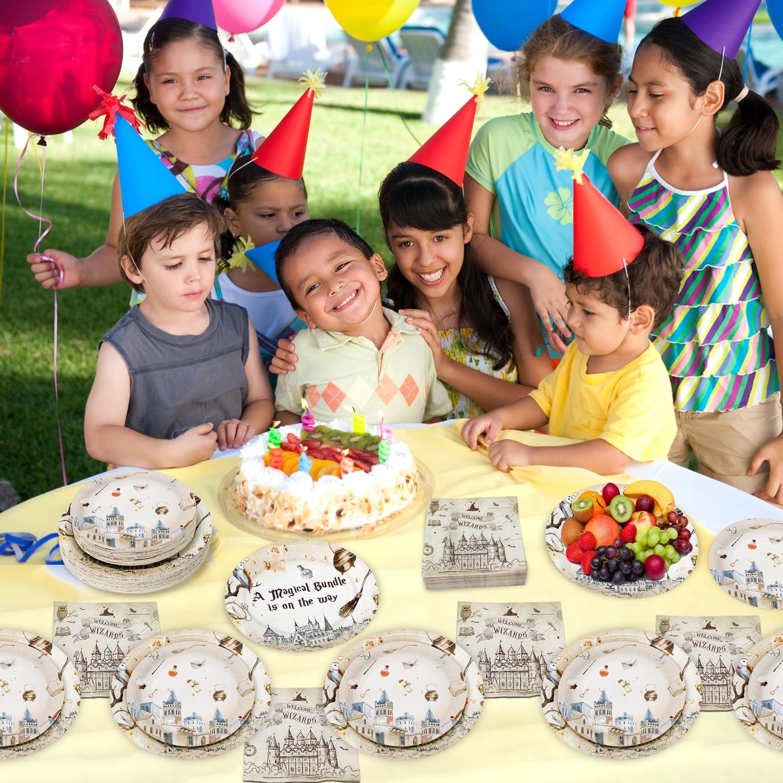 Dhnvcud 180-piece magical wizard-themed party supplies set with paper plates and napkins for kids' celebrations.