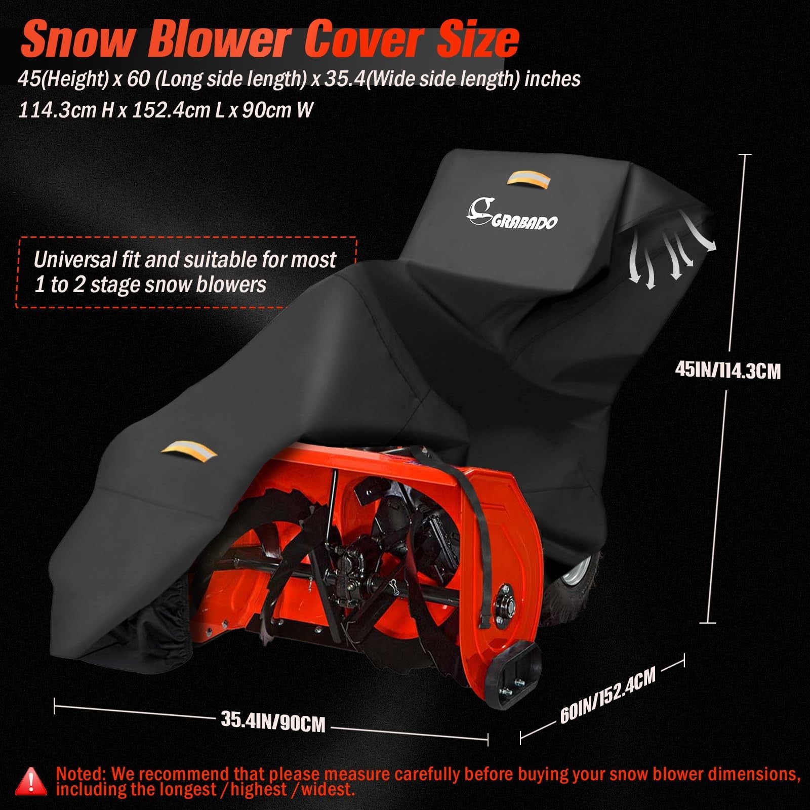 Heavy-duty GRABADO snow blower cover, waterproof outdoor protective cover for snow blowers, made of durable 840D fabric.