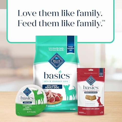 Blue Buffalo Basics grain-free small breed adult dog food with lamb and potato, featuring dry kibble in a natural setting.