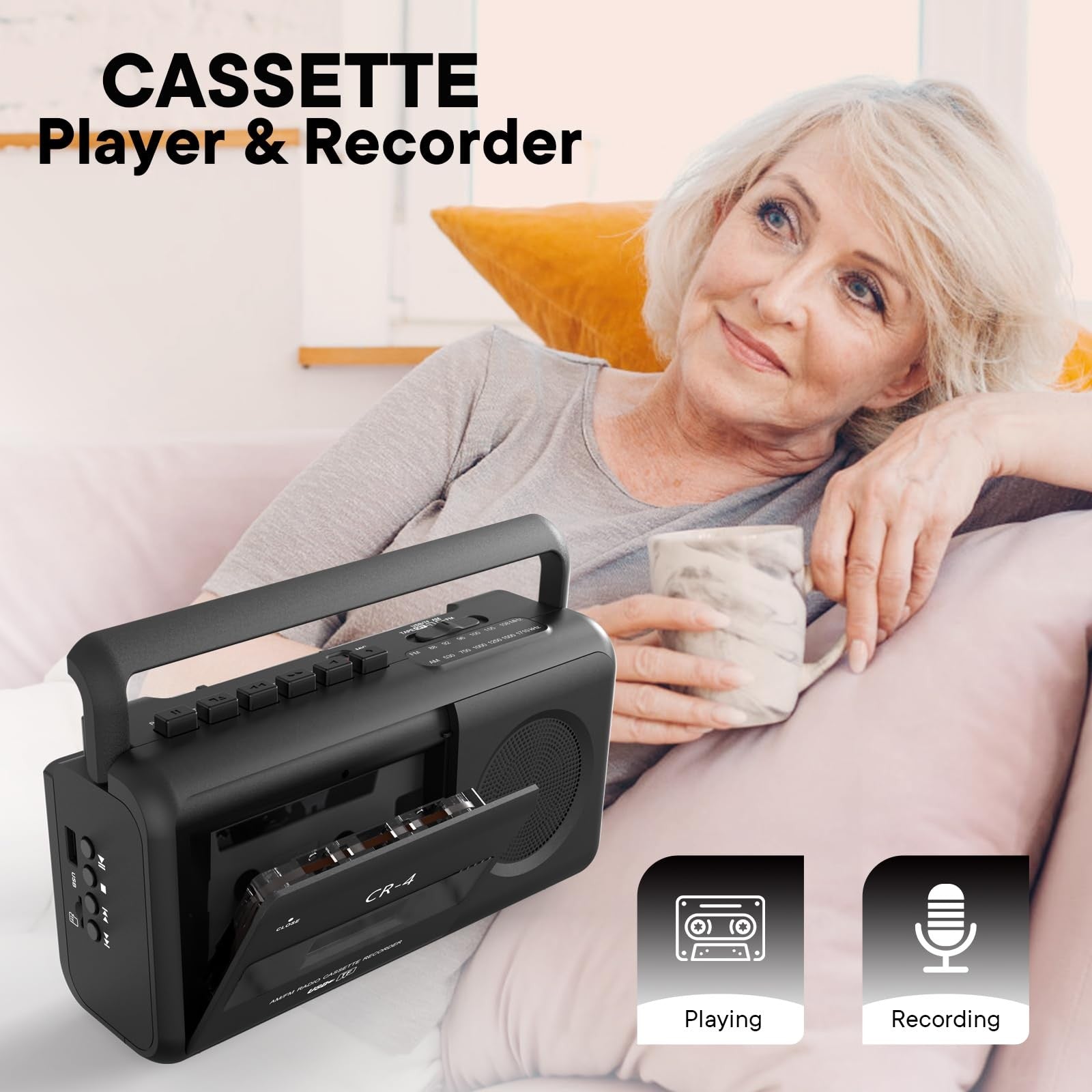 KUEPHOM portable cassette tape player recorder with built-in boombox radio, AM/FM tuner, and vintage design.