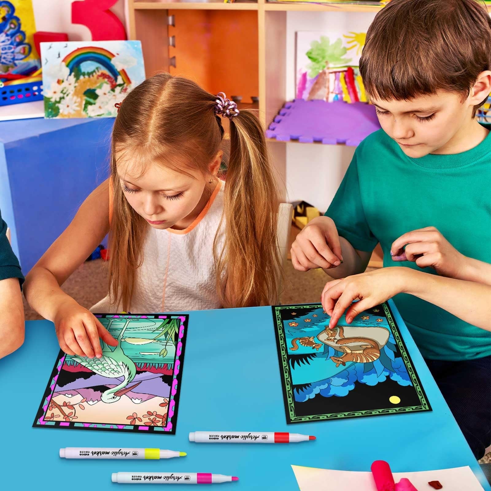 Zhanmai velvet coloring posters and watercolor pens set featuring National Parks designs, with vibrant colors and detailed illustrations.