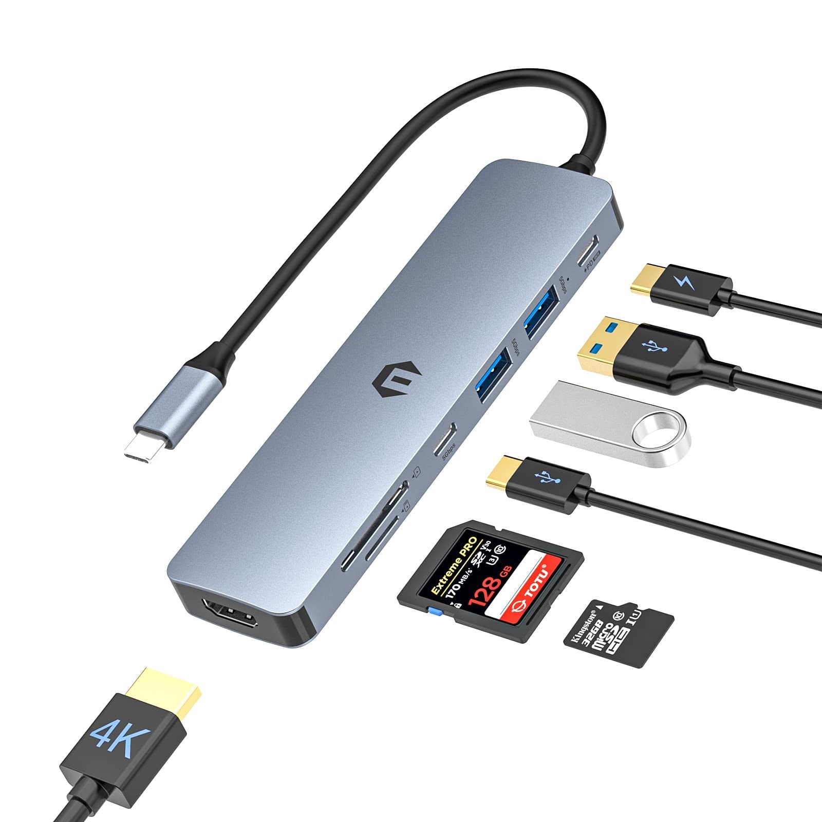 TOTU USB C Hub 7-in-1 dock with 4K HDMI, USB 3.0 ports, USB-C, and 100W power delivery showing multiple ports on a sleek device.