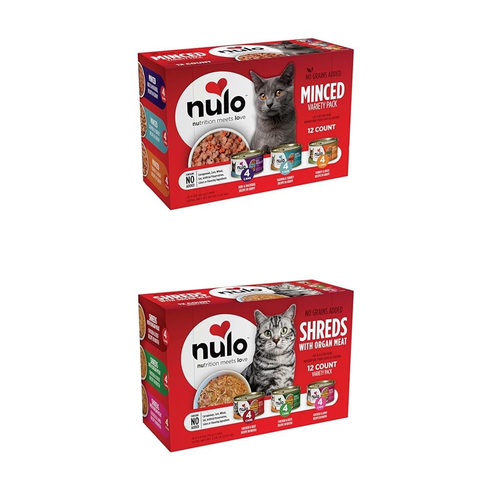 Assorted Nulo grain-free minced wet cat food in 3-ounce cans, variety flavors, suitable for cats.