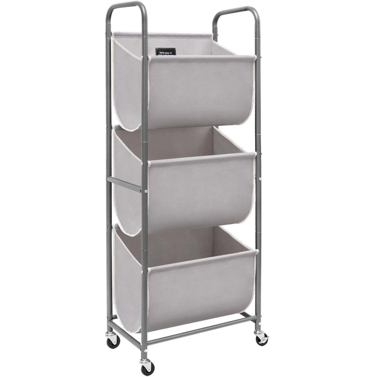 Storage Maniac 120L vertical rolling laundry hamper with three sections and handles for easy transport.