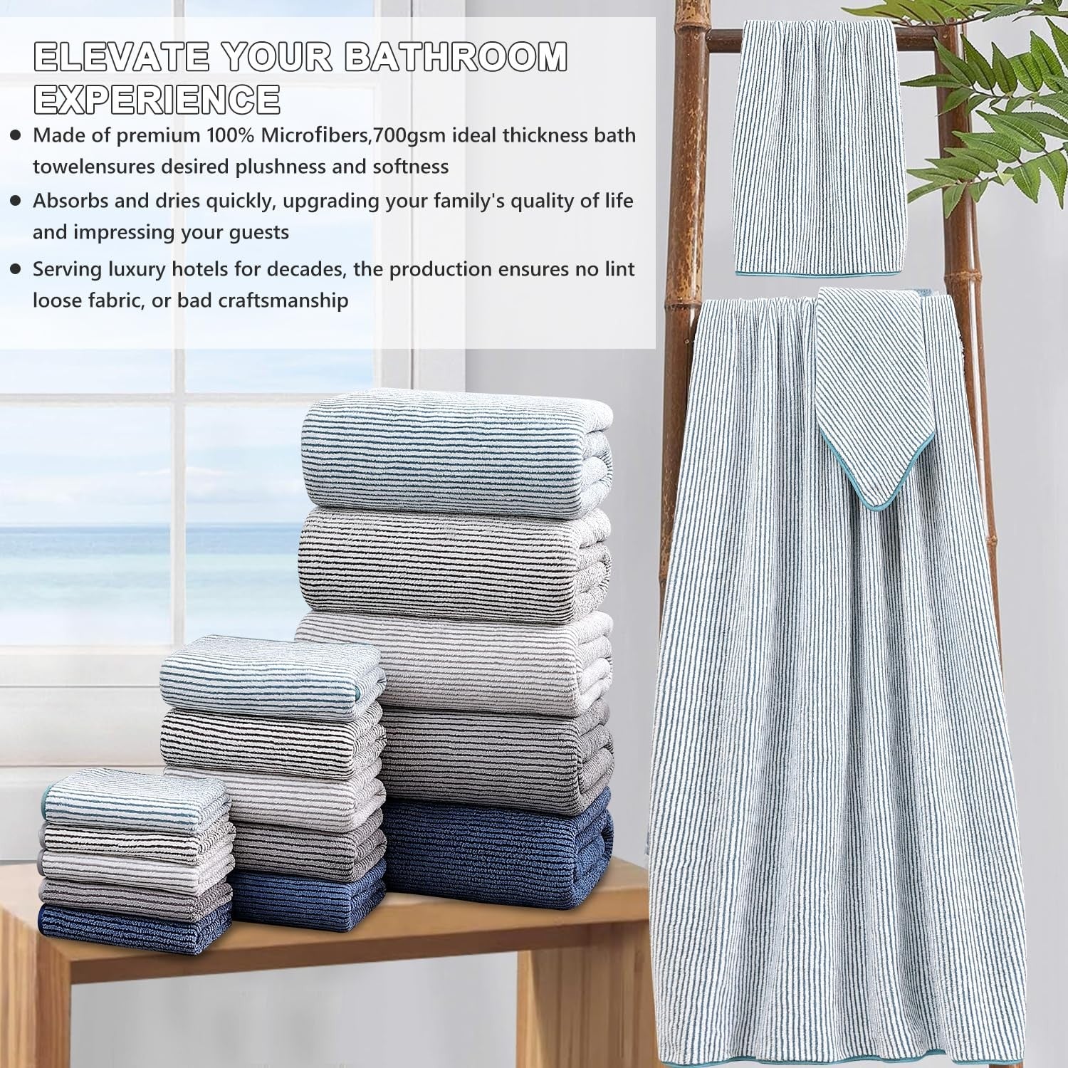 Jessy Home 8-piece bathroom towel set with two large bath sheets and two hand towels, soft and plush in neutral colors.