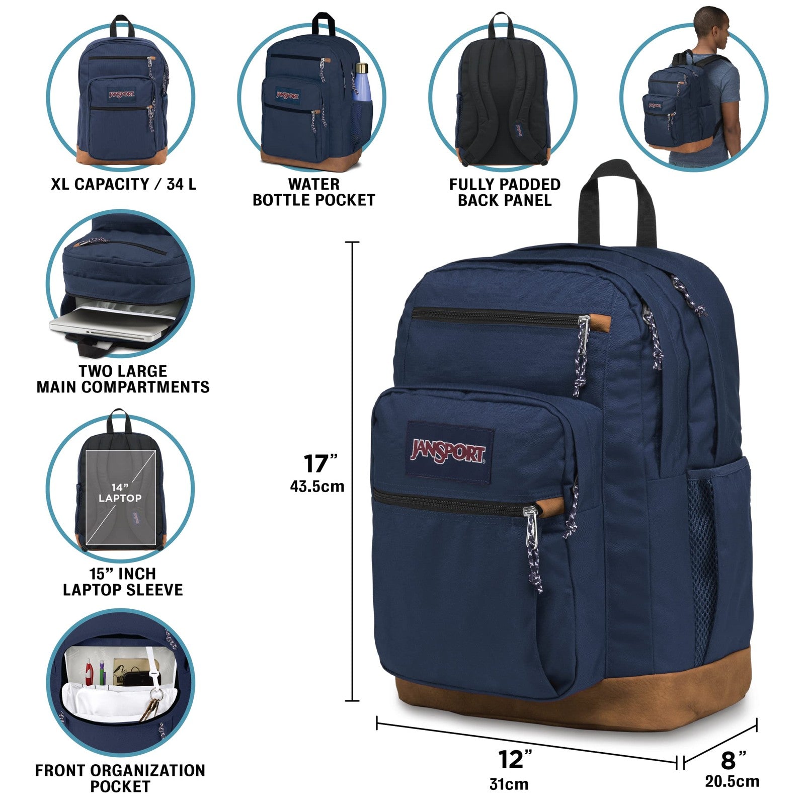 JanSport cool backpack with 15-inch laptop sleeve, large computer rucksack showing multiple compartments and adjustable straps