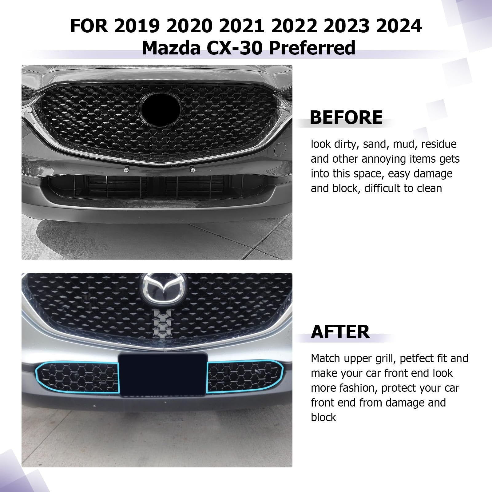 LUWU front grill mesh for Mazda CX-30 2020-2026, showing the black replacement grille with detailed mesh pattern.