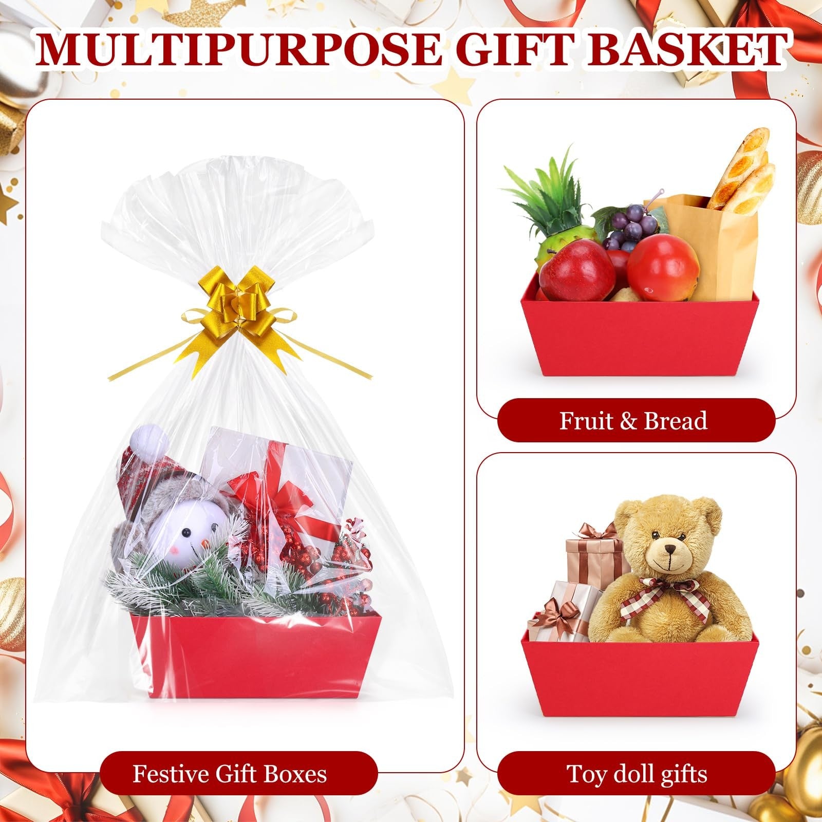 Six red AFOROEOA gift baskets, 10x12 inches, thick material with six decorative bows, perfect for gift presentation