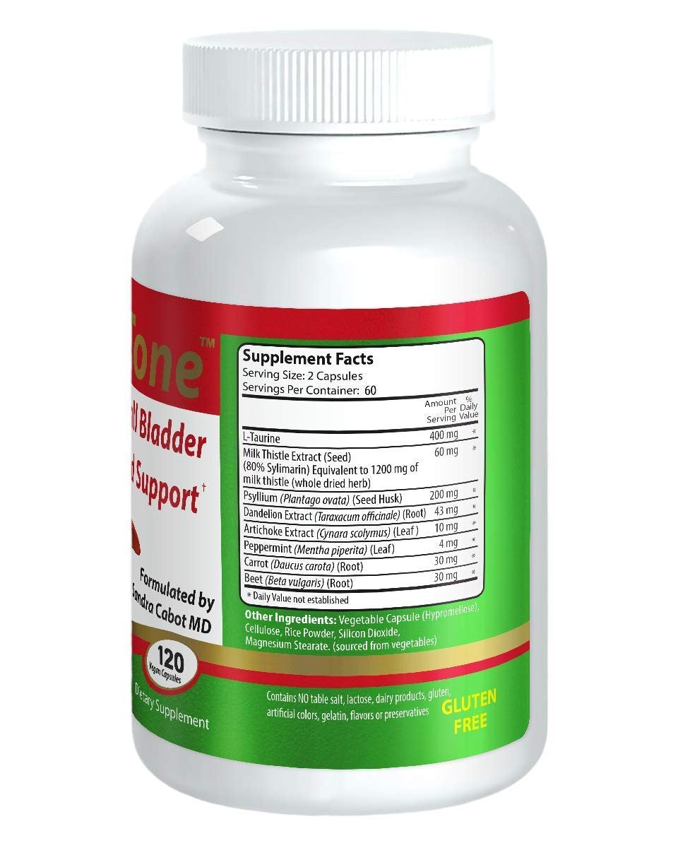 Unbranded Livatone Liver and Gallbladder Cleanse supplement bottle with label, capsules, and product information.