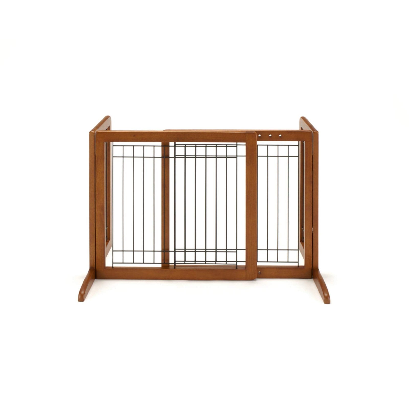 Richell small freestanding pet gate with autumn matte finish, showing a wooden gate with metal accents for indoor use
