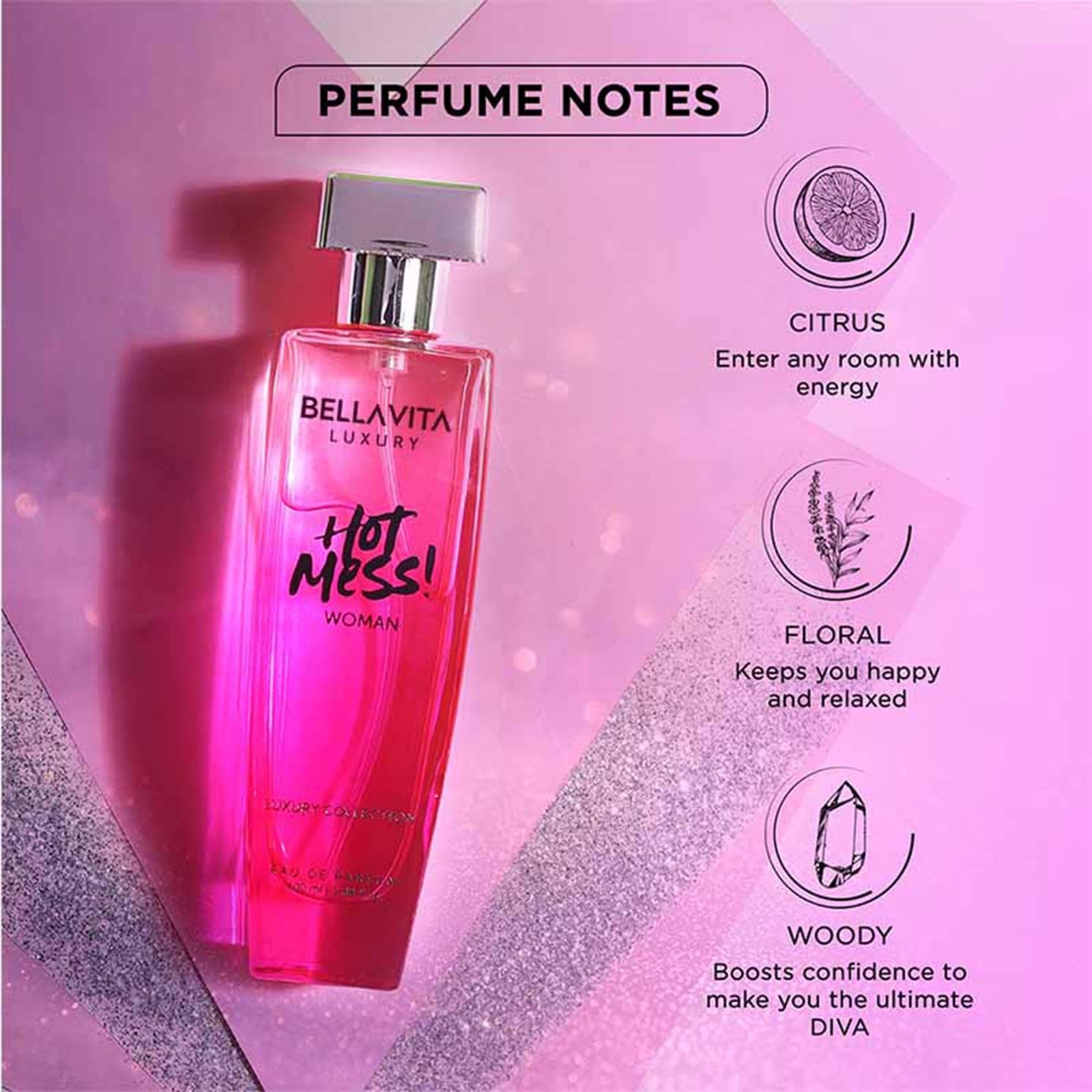 BellaVita Hot Mess perfume for women, 100ml Eau de Parfum bottle with luxurious floral and fruity fragrance accents.