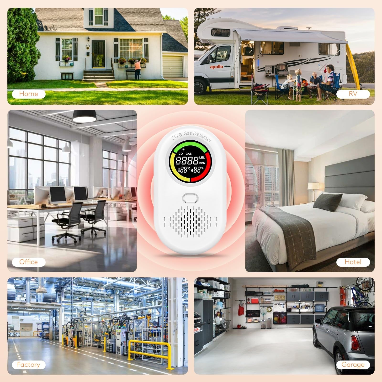 Zealme 4-in-1 Carbon Monoxide and Natural Gas Leak Detector with digital display and sensor for home safety.