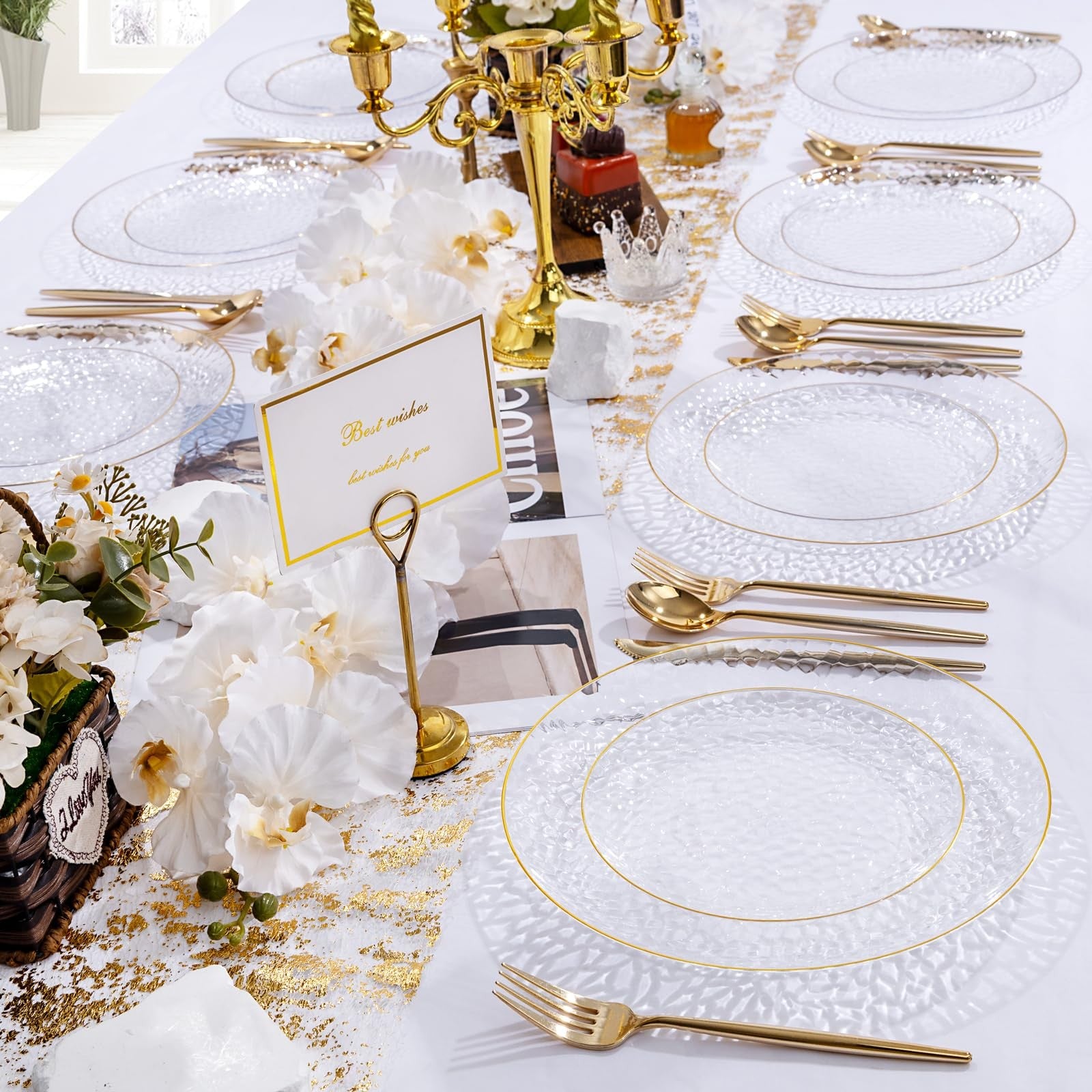Set of 60 gold plastic dinner plates with clear gold finish, 10-inch Hammer Pat design by Rubtlamp.