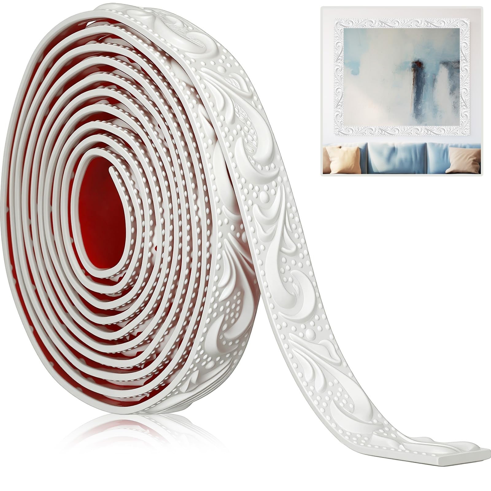 Sacubee peel and stick PVC crown molding trim, flexible and 13.1 ft long, shown installed on a ceiling corner for a clean finish.