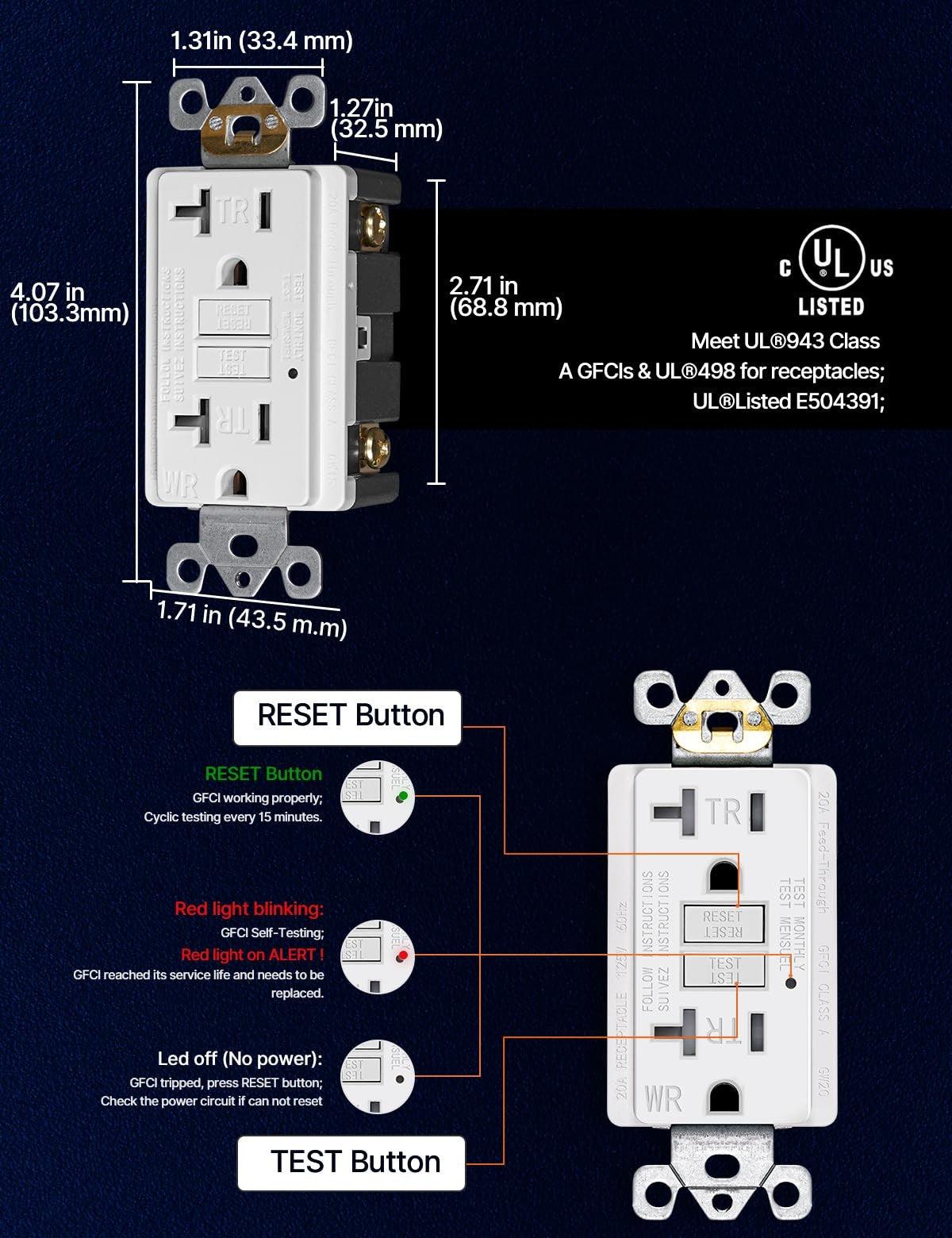 MOES 20 Amp GFCI outlet with self-test, weather-resistant, tamper-resistant design, UL certified for safety and outdoor use
