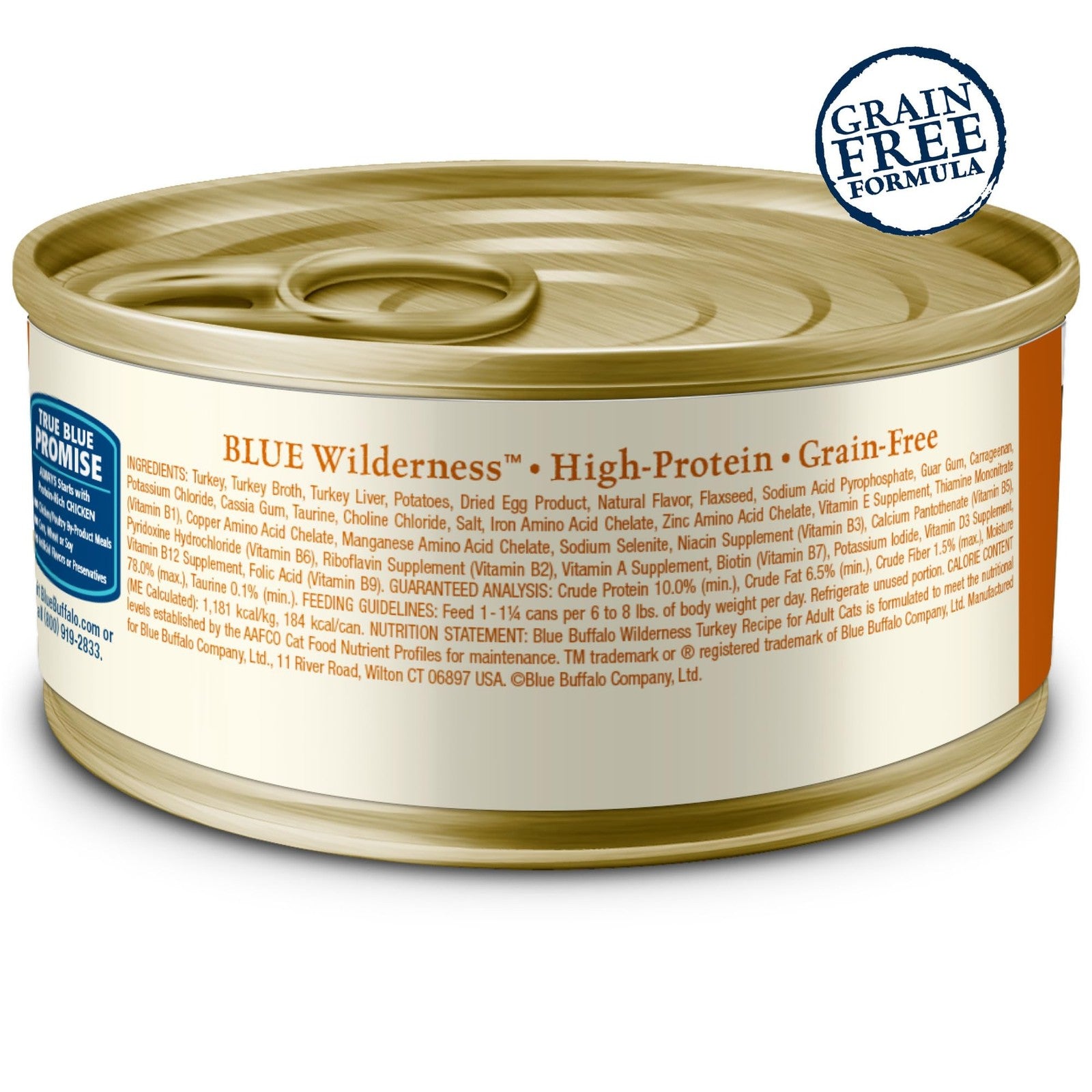 Blue Buffalo Wilderness grain-free wet cat food with turkey for adult cats, showing the can and product label.