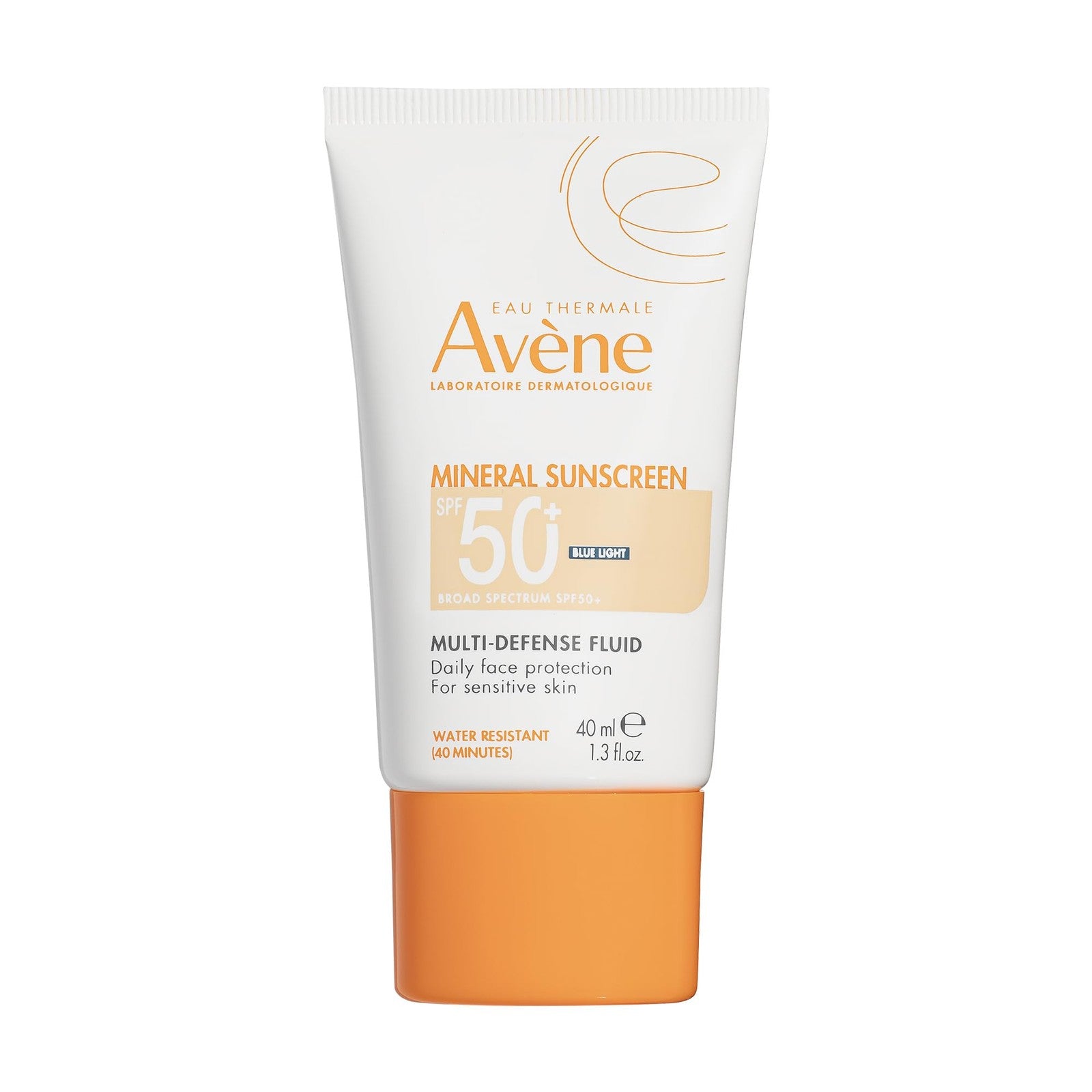 Avène Mineral Sunscreen Multi-Defense Fluid Tinted SPF 50+ in a pump bottle with a clean formula and tinted finish.