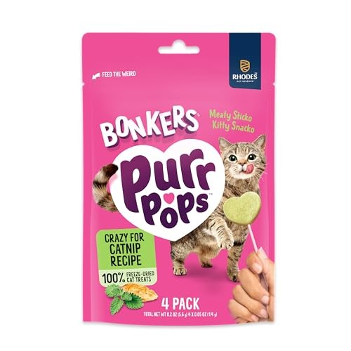 Bonkers Purrpops freeze-dried catnip lollipop treats for cats, 52-count box, showing colorful treat packaging and lollipop design.