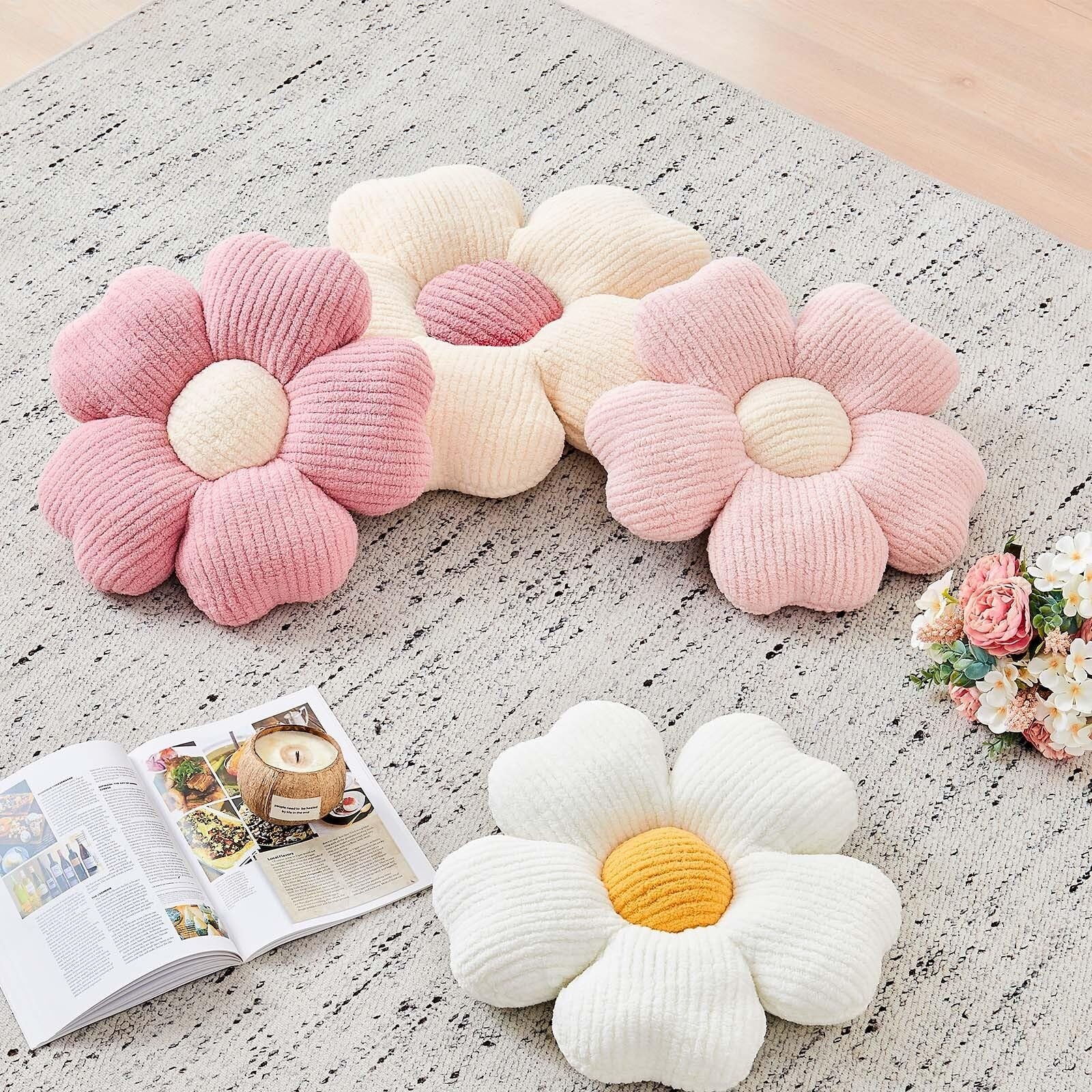 Kcvvcr flower-shaped decorative throw pillow with colorful petal design, soft and plush for cozy home decor.