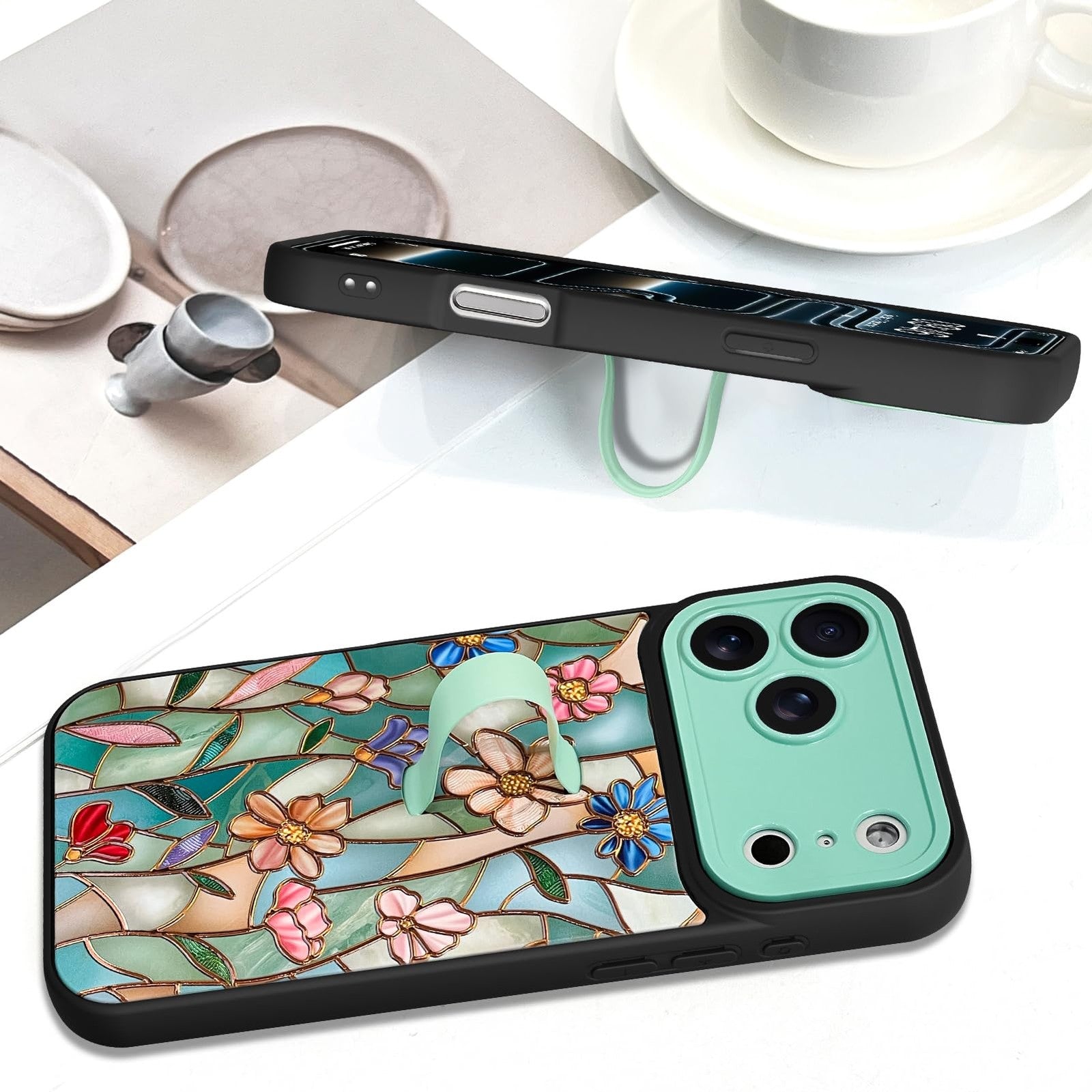 SOKAD 3D floral iPhone 17 Pro phone case with finger strap and kickstand, featuring colorful flower design and protective material.