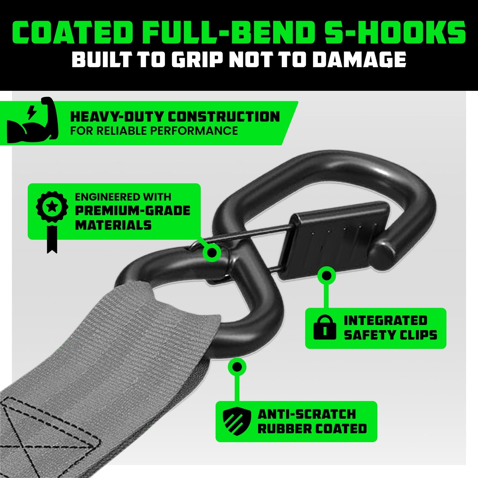 Rhino USA ratchet straps tie downs 4-pack, 1 inch by 15 feet, heavy-duty tie downs with 1823 lb break strength, shown in use.