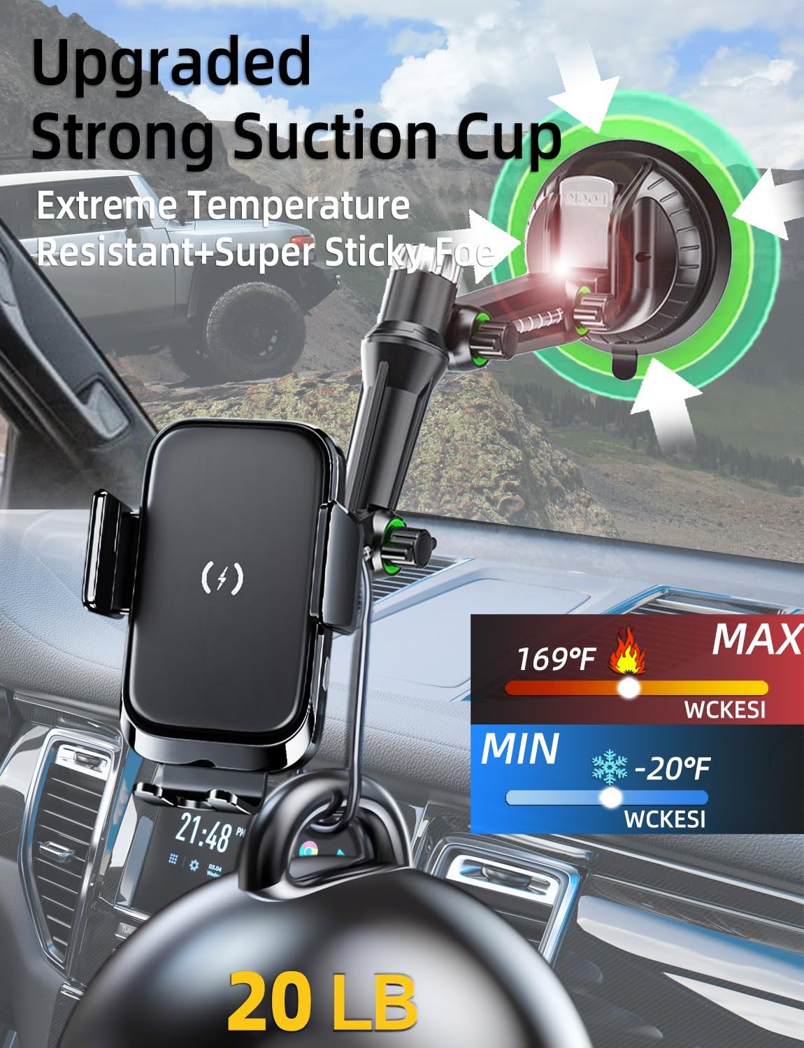 WCKESI wireless car charger truck phone mount with 10-inch long arm and 15W fast charging, holding a smartphone in a vehicle.