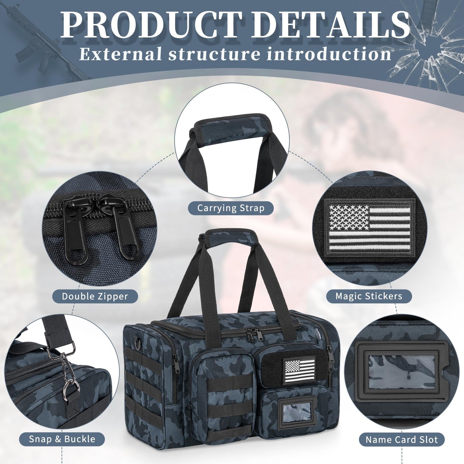 OUUTMEE tactical pistol range bag with space for four handguns, sturdy shooting duffle for gun storage and transport.