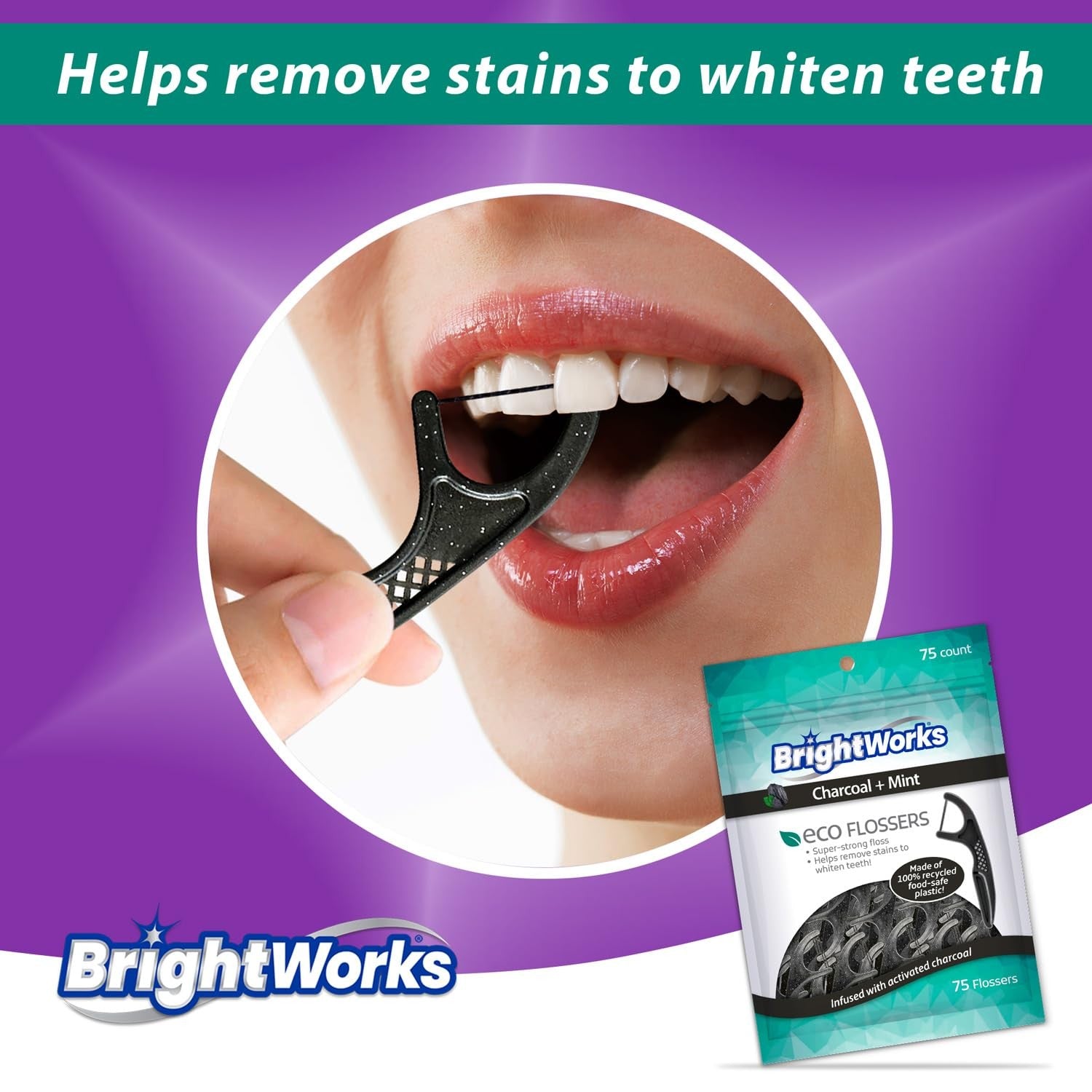 BrightWorks ECO sustainable floss picks pack with 10 floss picks, PFAS free, made in the USA, eco-friendly dental floss tools