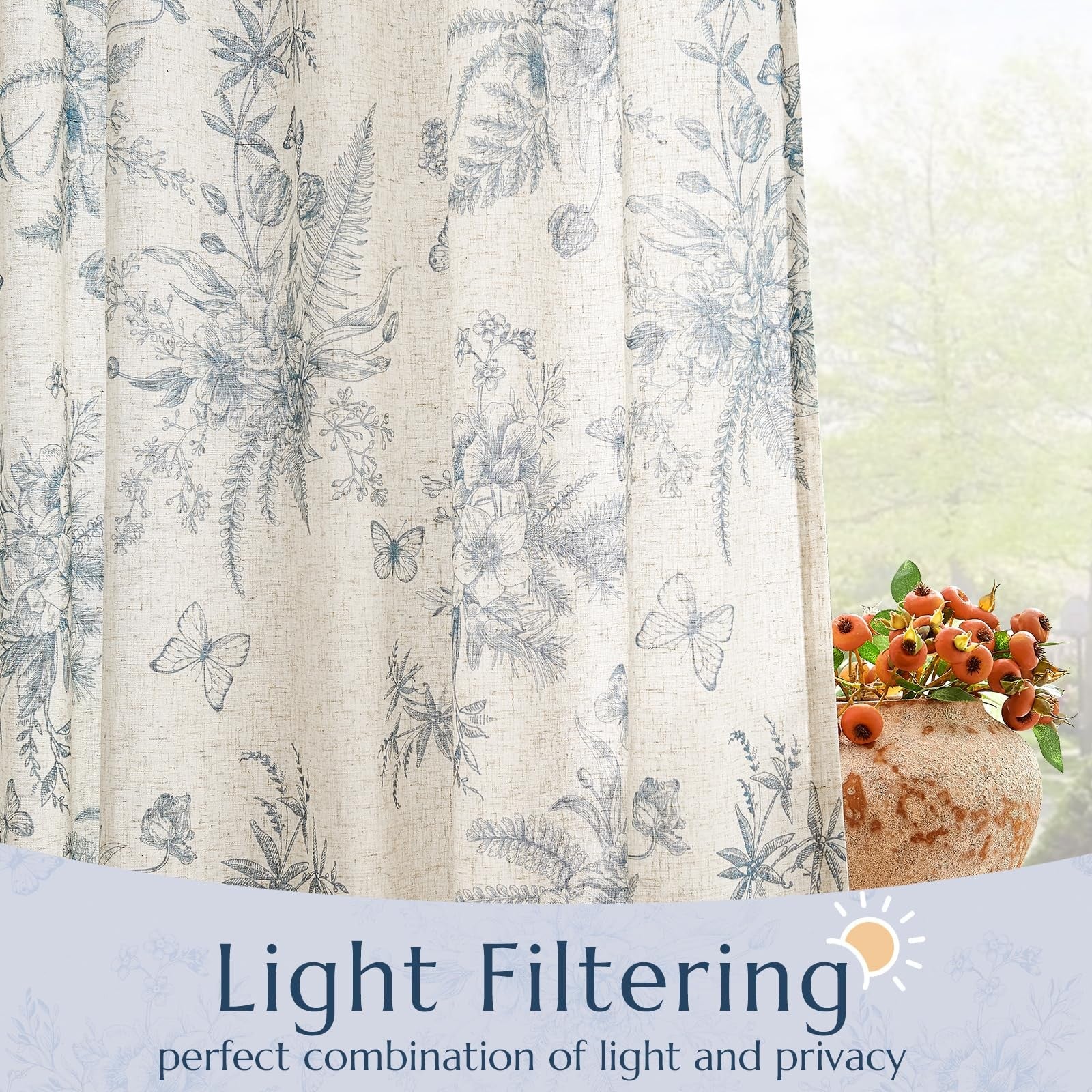 Jinchan linen floral curtains in blue with farmhouse design, measuring 96 inches long, ideal for living room window decor.