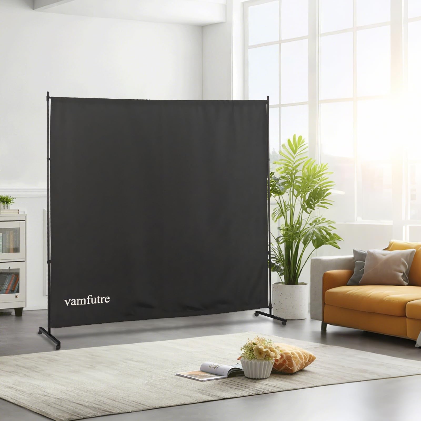 VAMFUTRE black single panel room divider privacy screen with caster wheels, 6ft 6in tall, portable and lightweight for room separation.