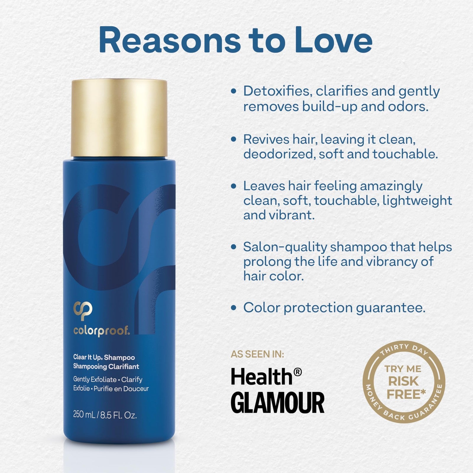 ColorProof Clear It Up Clarifying Shampoo for color-treated hair, 8.5 fl oz, with a clear bottle and label showing product details.
