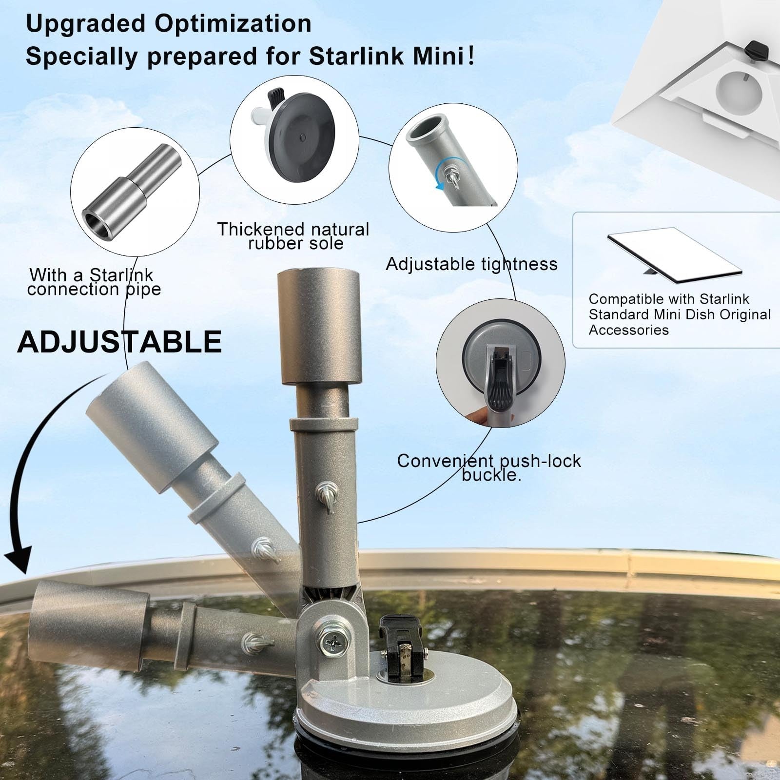 SENIKO Starlink Mini Suction Cup Mount with Connecting Pipe for secure outdoor satellite dish installation