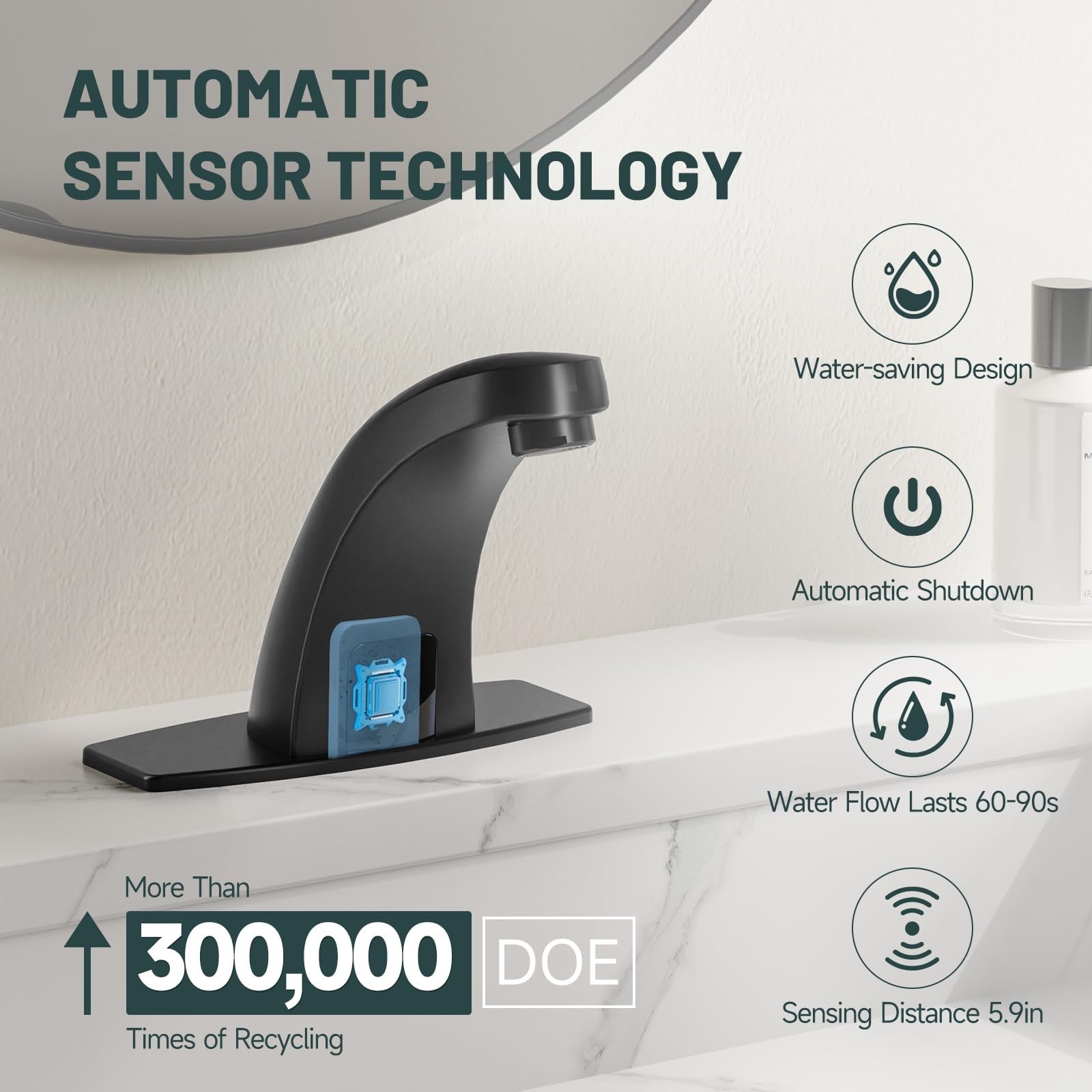 Greenspring touchless bathroom sink faucet with automatic sensor, made of chrome, for commercial use, featuring AC/DC power option.