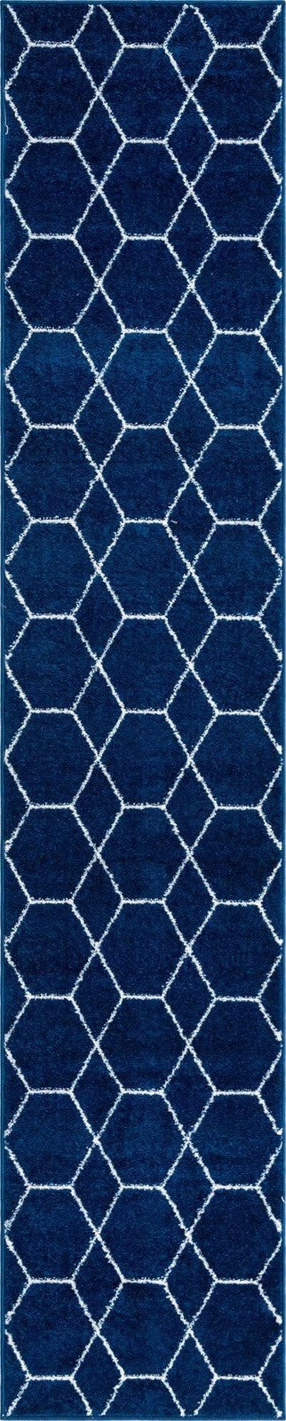 Navy geometric area rug from Unique Loom Trellis Frieze Collection, 2x10 runner with modern pattern and textured design.