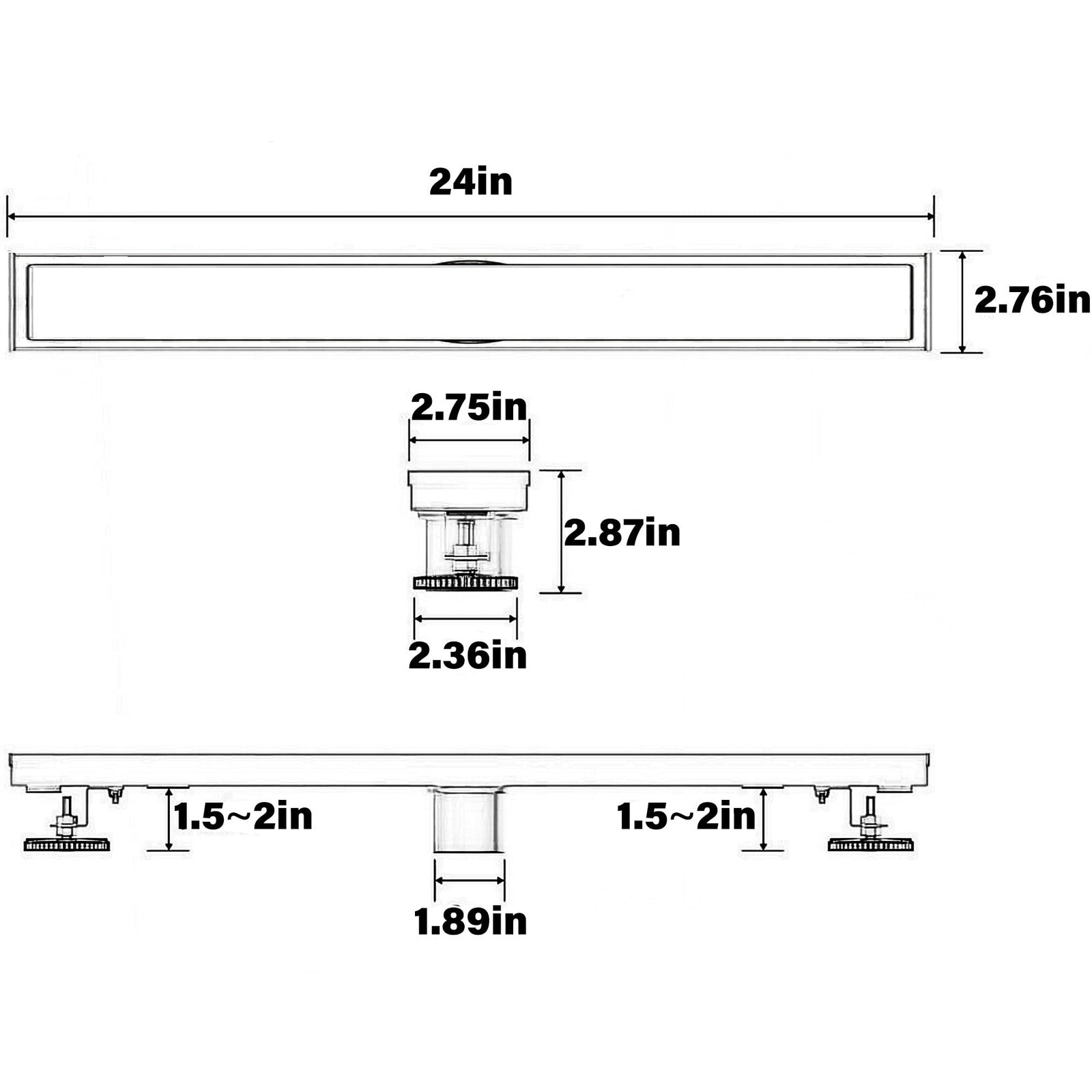 Eblog 24-inch linear shower drain made of AISI 304 stainless steel with a removable golden floor drain cover.