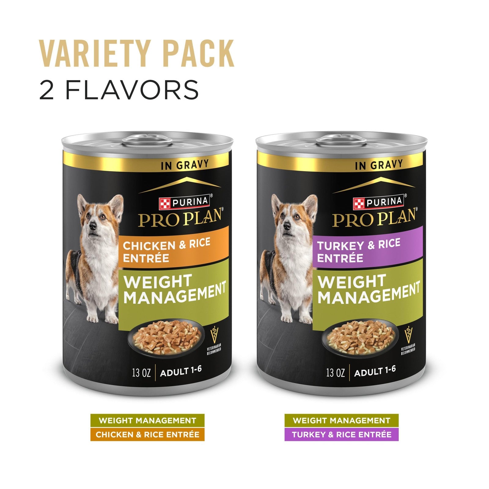 Cans of Purina Pro Plan Weight Management wet dog food with chicken and rice, showing the product packaging and food inside.