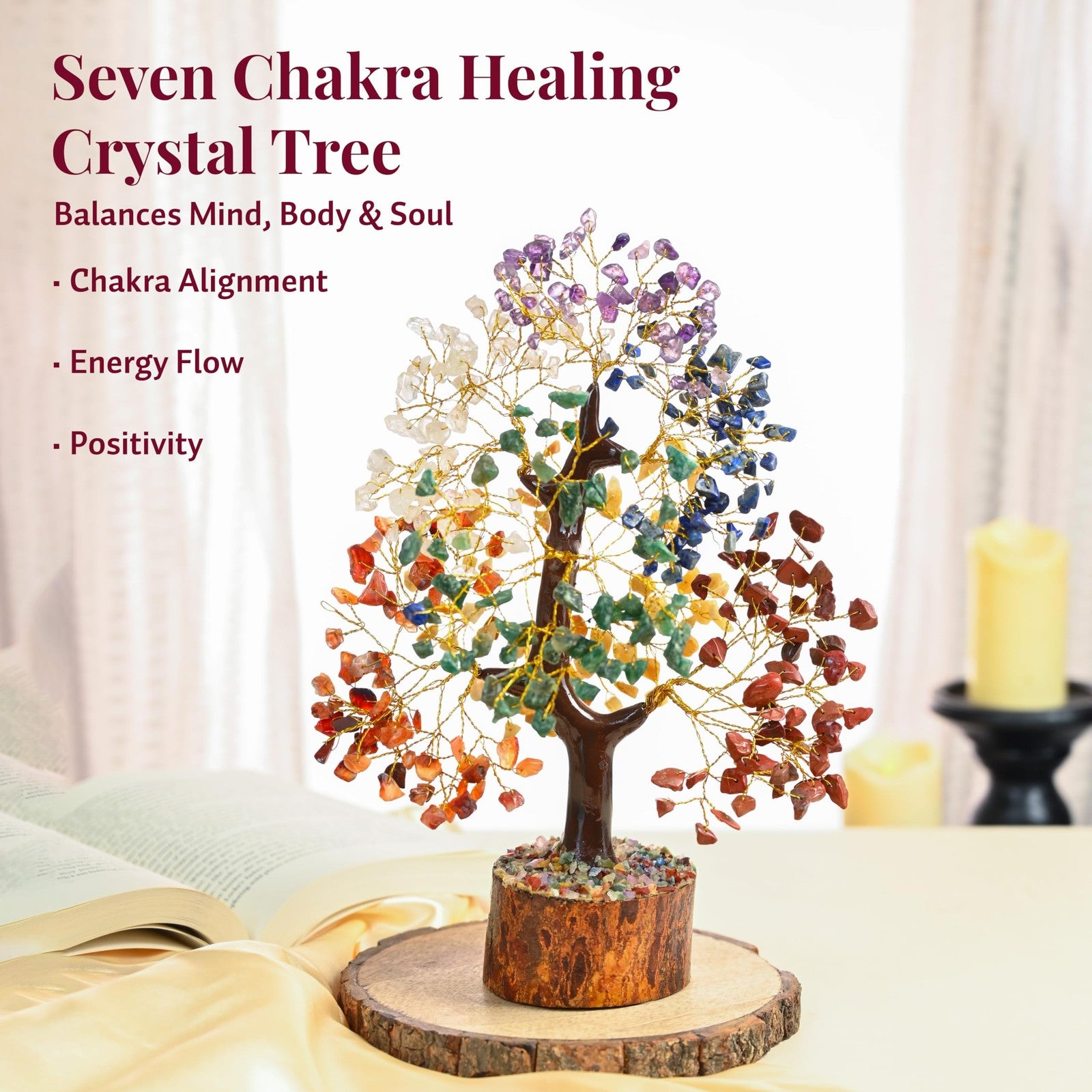 Crocon 7 Chakra Healing Crystal Tree of Life room decor gift, featuring colorful crystal branches for Feng Shui and positive energy.