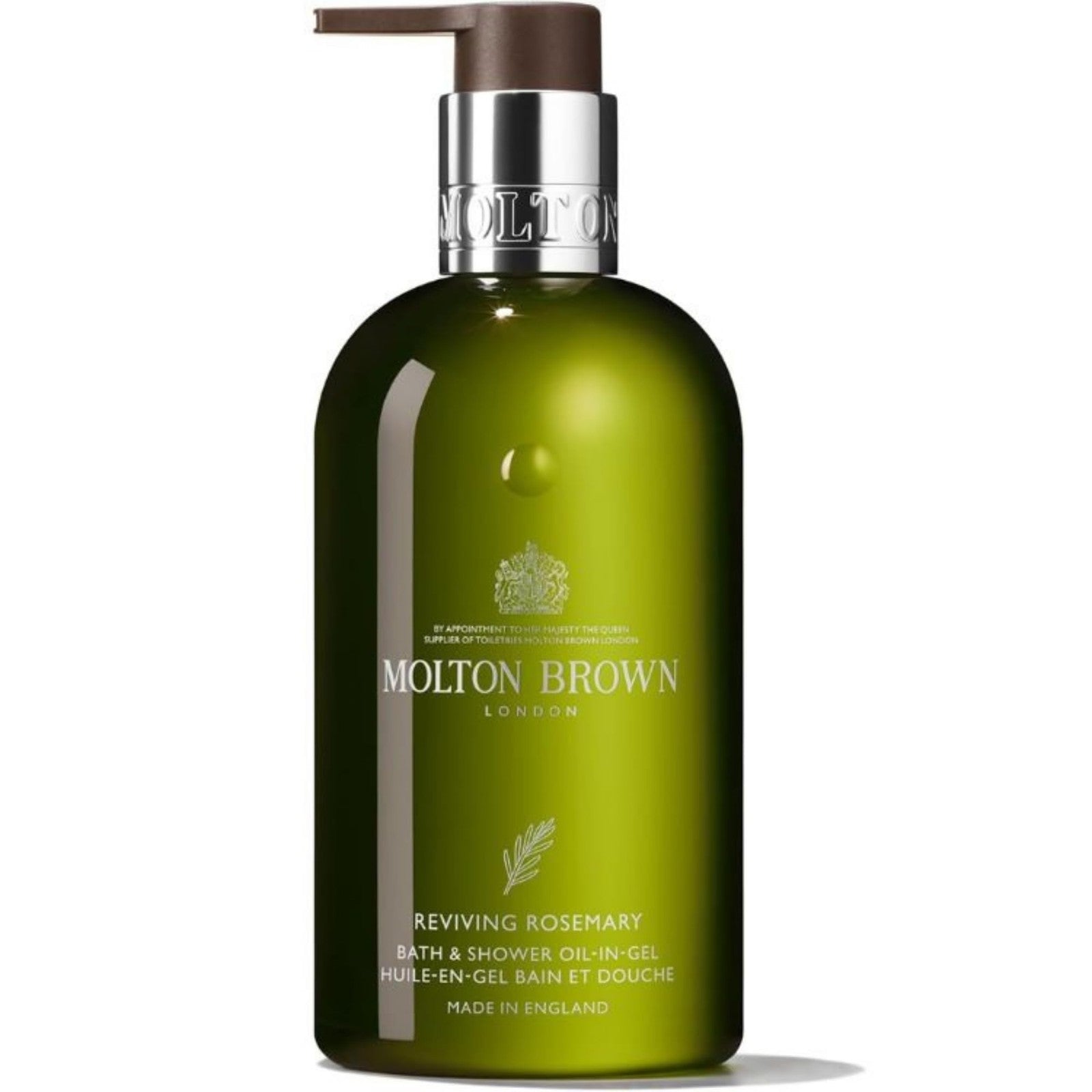 Molton Brown Reviving Rosemary Bath & Shower Oil-In-Gel bottle with rosemary and botanical ingredients, 10 fl oz.