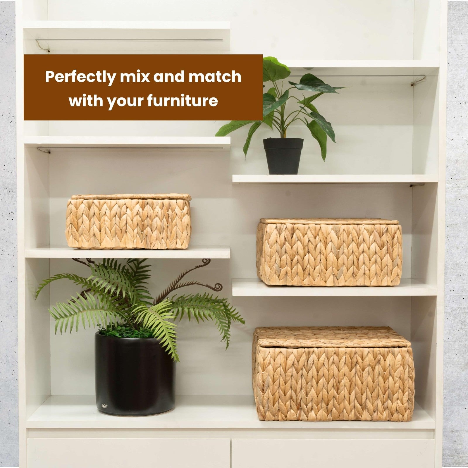 Set of three wicker storage baskets with lids by KOLWOVEN, rectangular decorative baskets for organizing and storage.