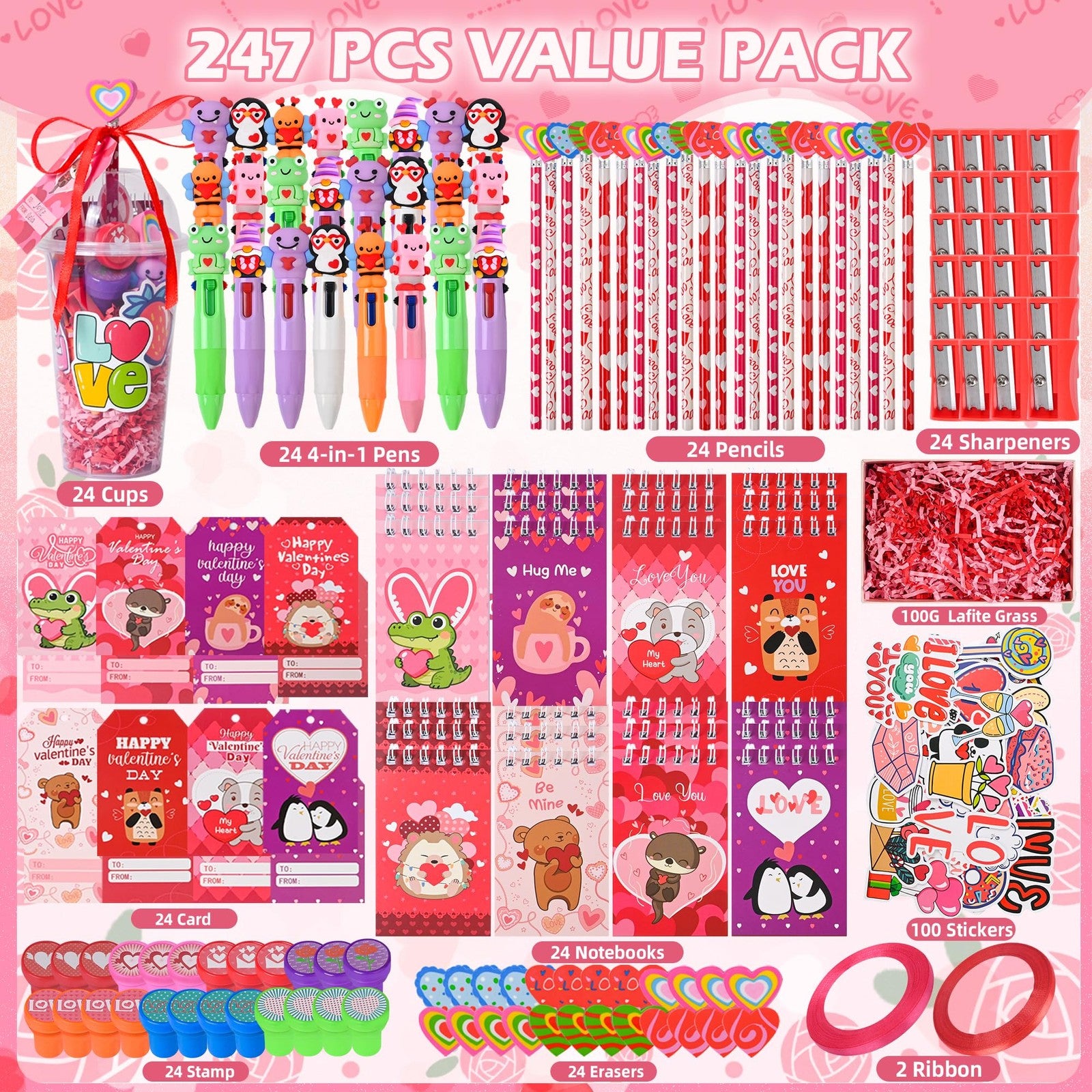 LiYiQ Valentine's Day classroom gifts set with 247 pieces, including small gifts and stationery for students and teachers.