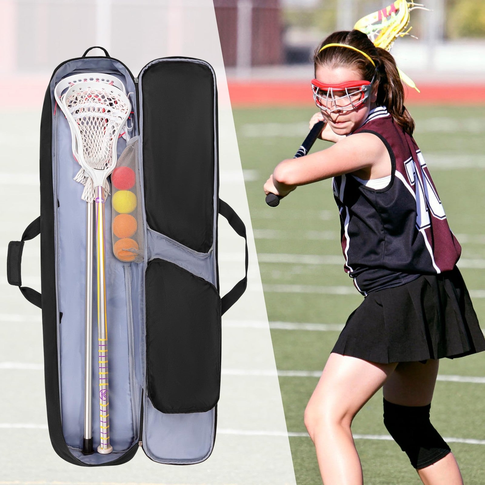 DSLEAF padded lacrosse stick bag holding two sticks and gear, with separate shoe compartment for easy organization.