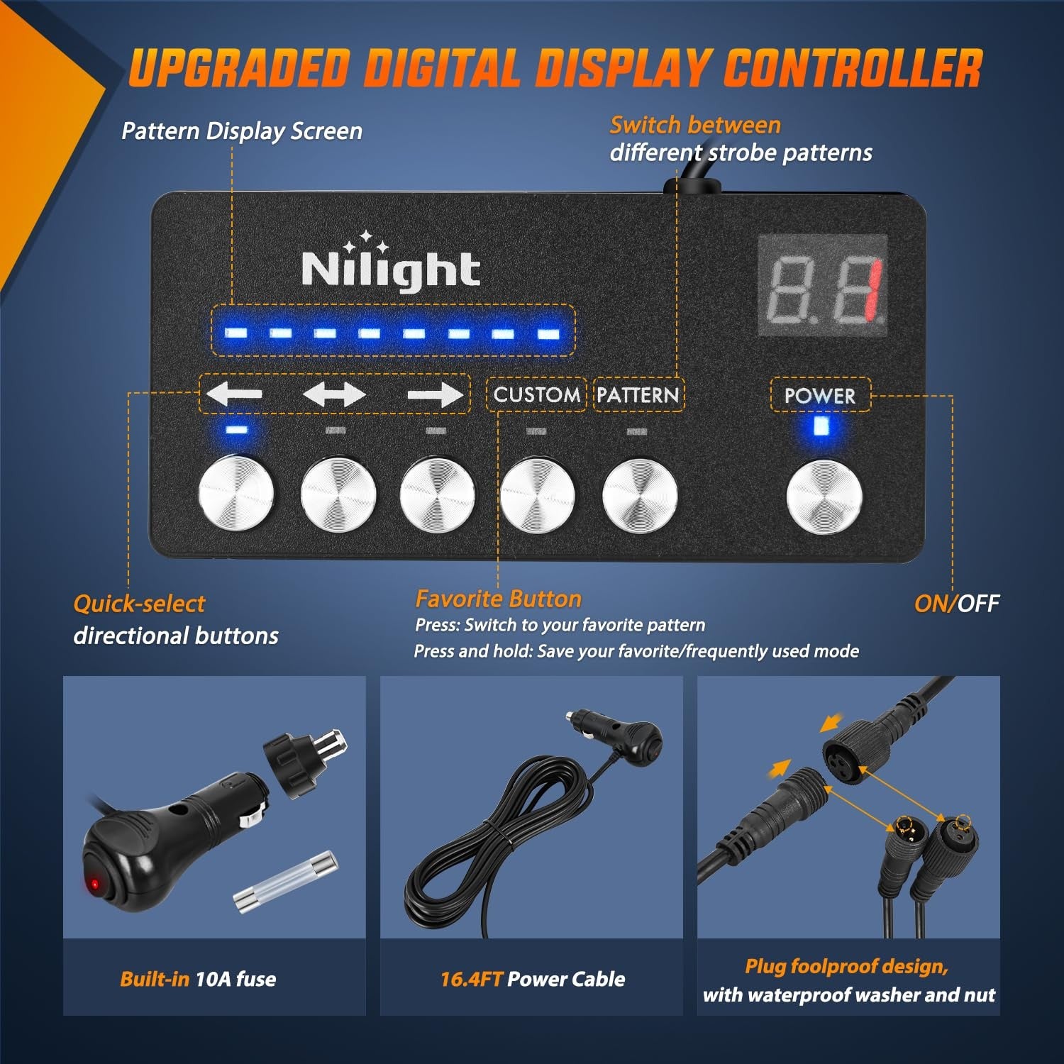 Nilight 144LED traffic advisor strobe light bar with white emergency lights and controller mounted on a vehicle rooftop.