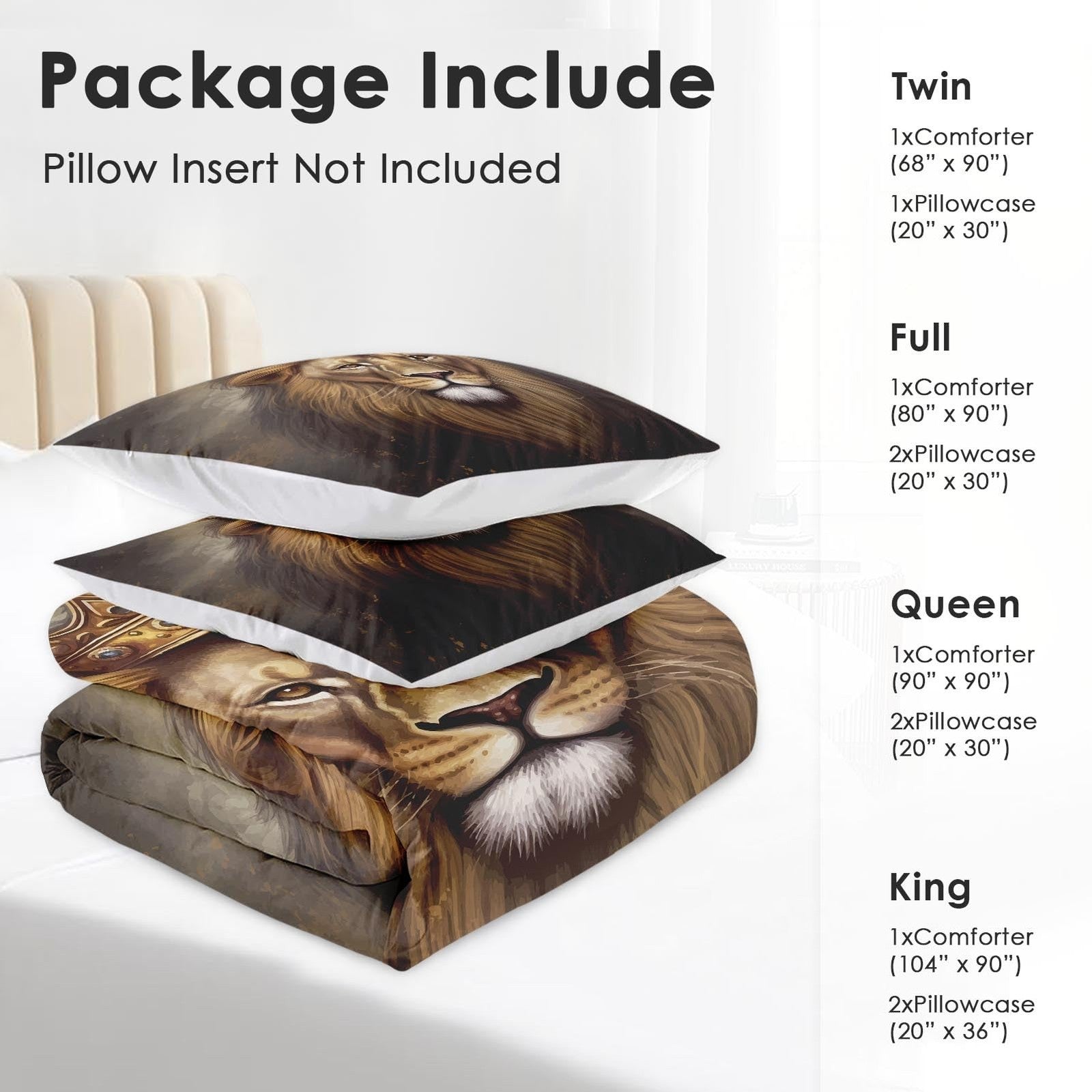 Pamnest King Lion golden comforter set with matching pillow shams on a bed, soft bedding for kids in queen size.