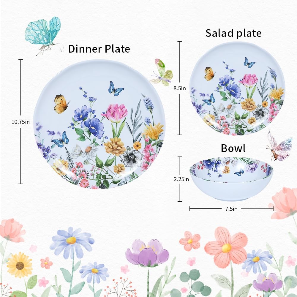 Lechoo 12-piece floral melamine dinnerware set with plates and bowls for four, featuring colorful botanical designs.