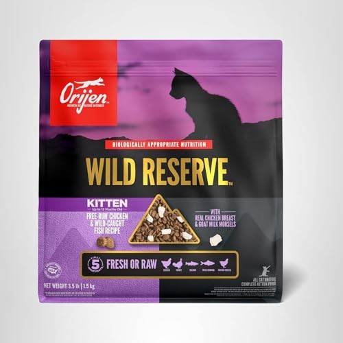 ORIJEN Wild Reserve dry cat food with free-run chicken and wild-caught fish, shown in an open bag with kibble spilling out.
