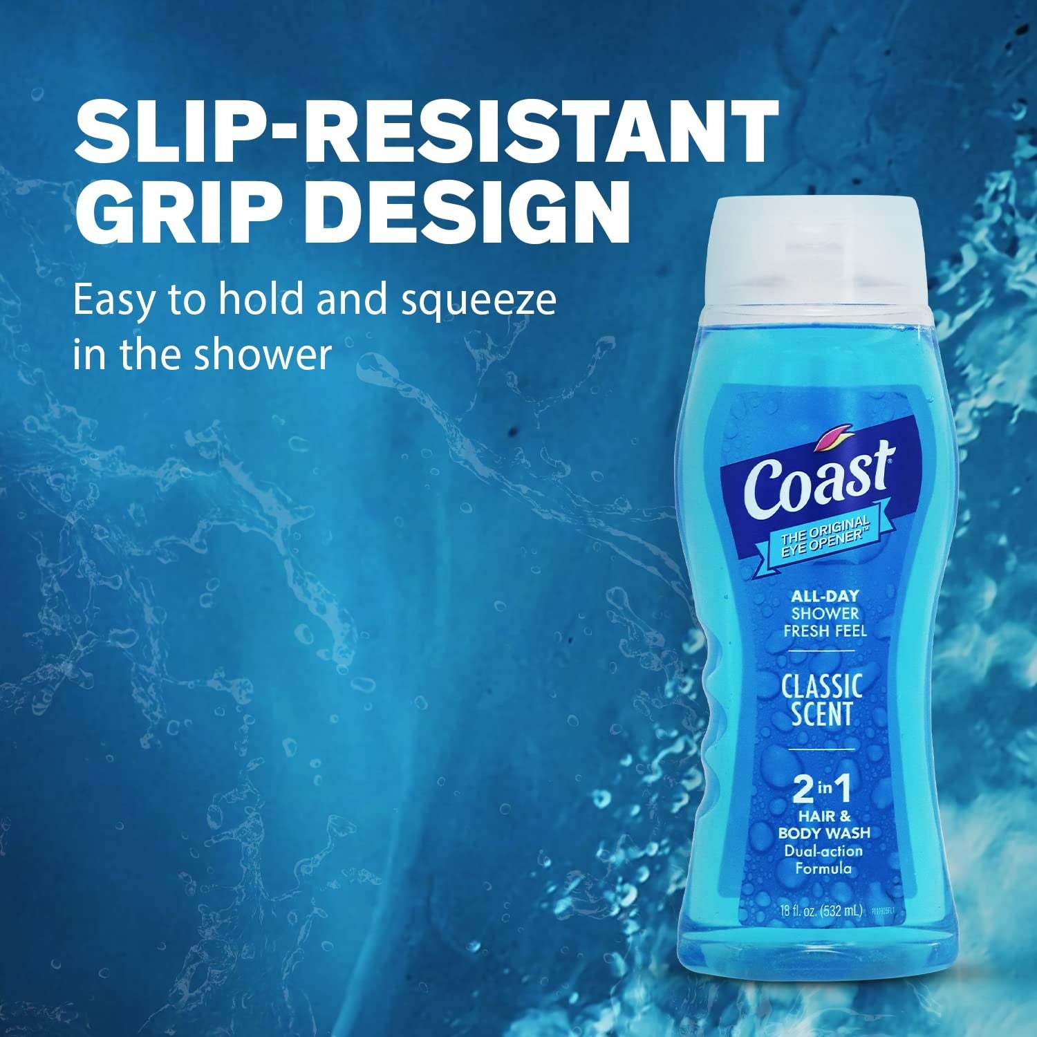 Coast 2-in-1 men's hair and body wash bottle with classic scent, featuring a sleek design and label on a white background.