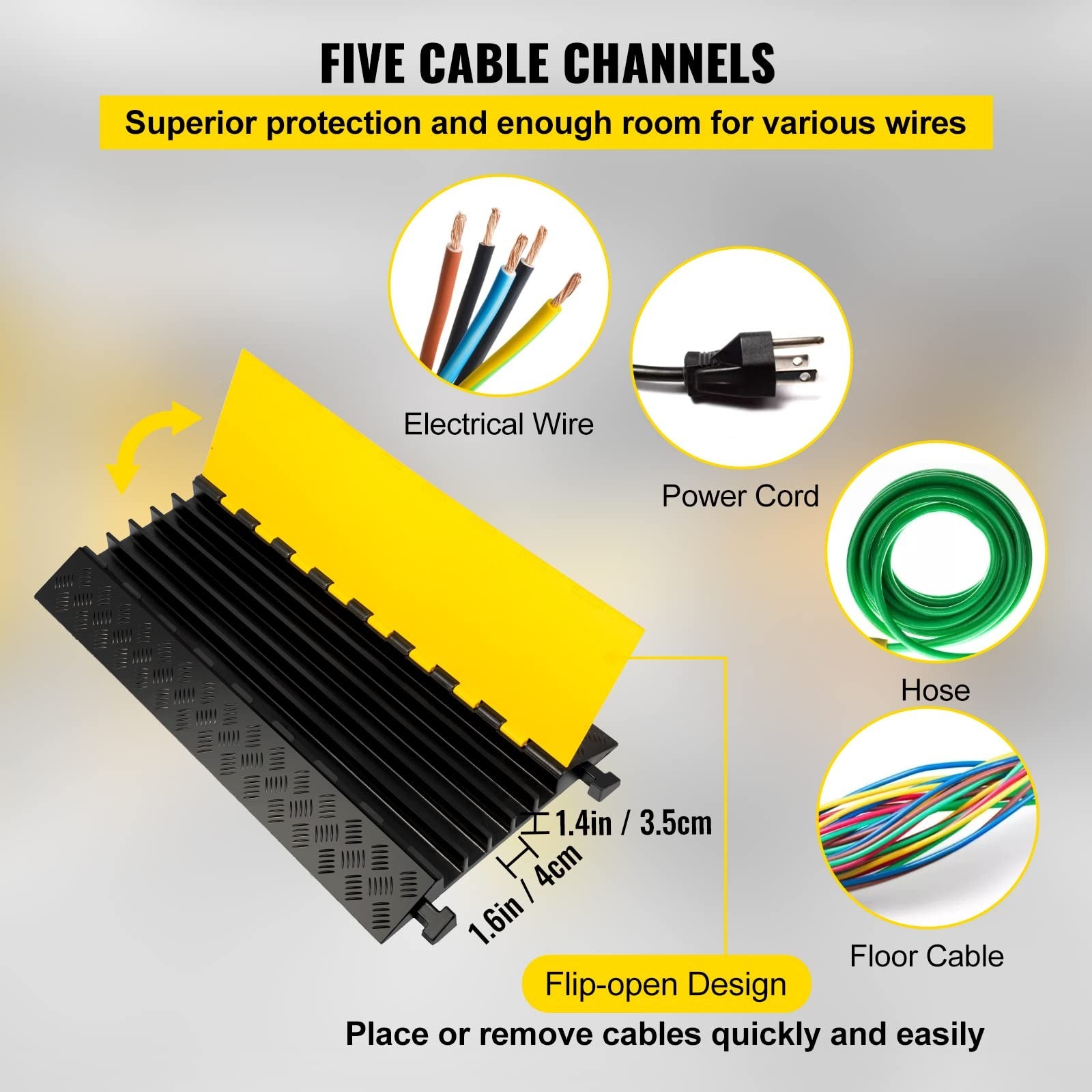 Happybuy 5-channel rubber cable protector ramp with heavy-duty design and extreme rubber construction for cable safety and protection.